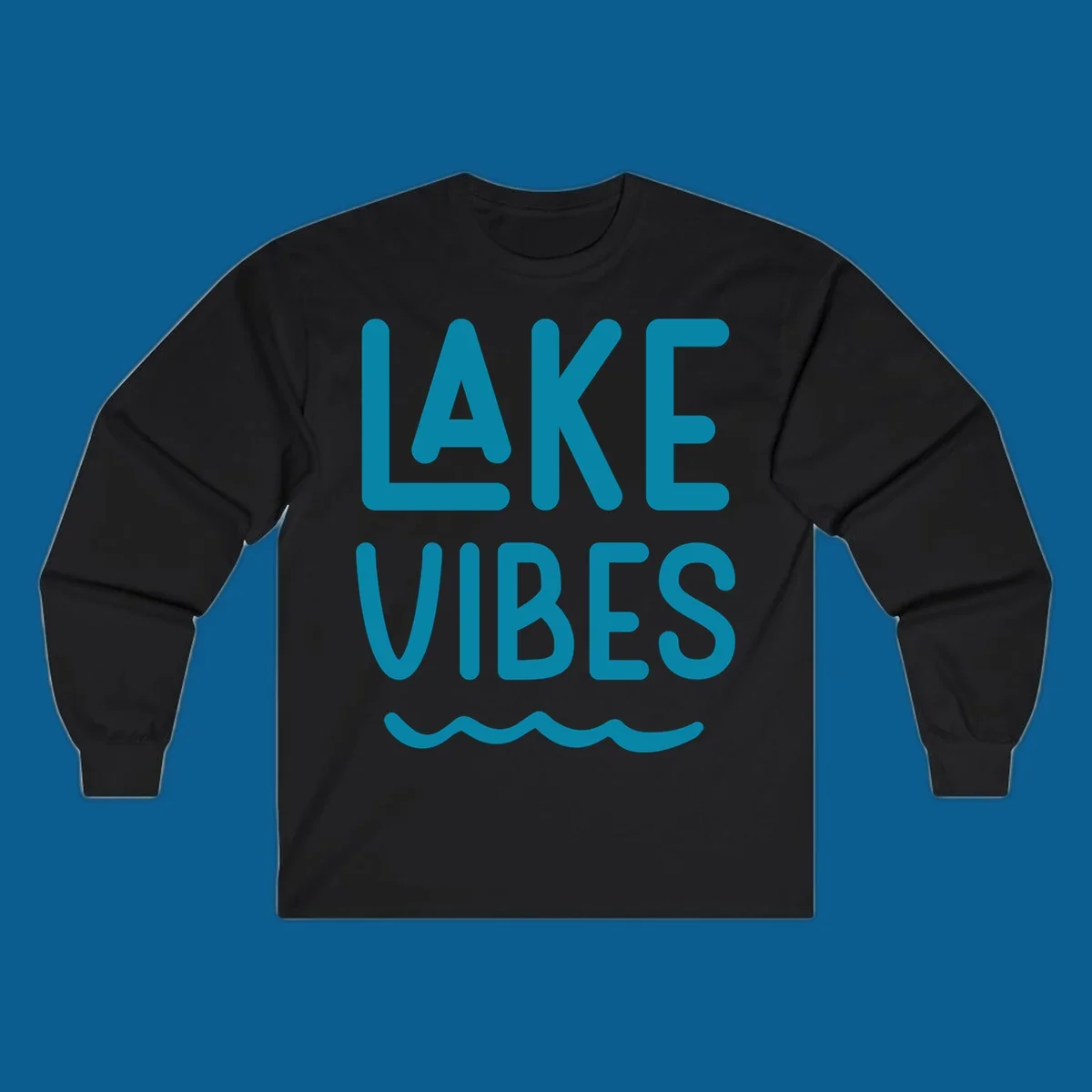 Lake Vibes text design with teal lettering and wavy water graphic.
