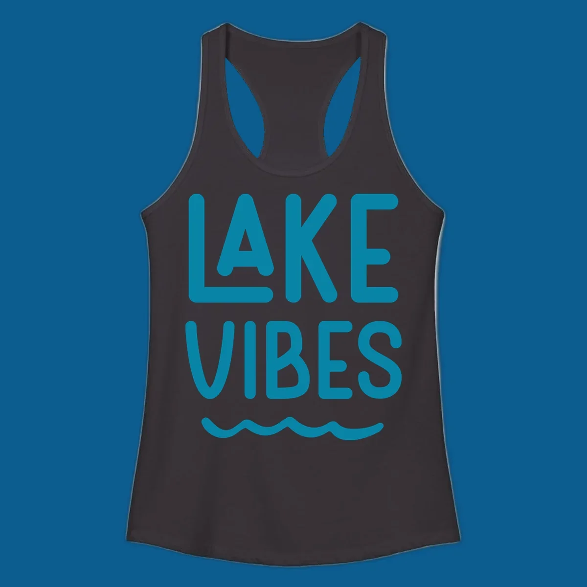 Lake Vibes text design with teal lettering and wavy water graphic.