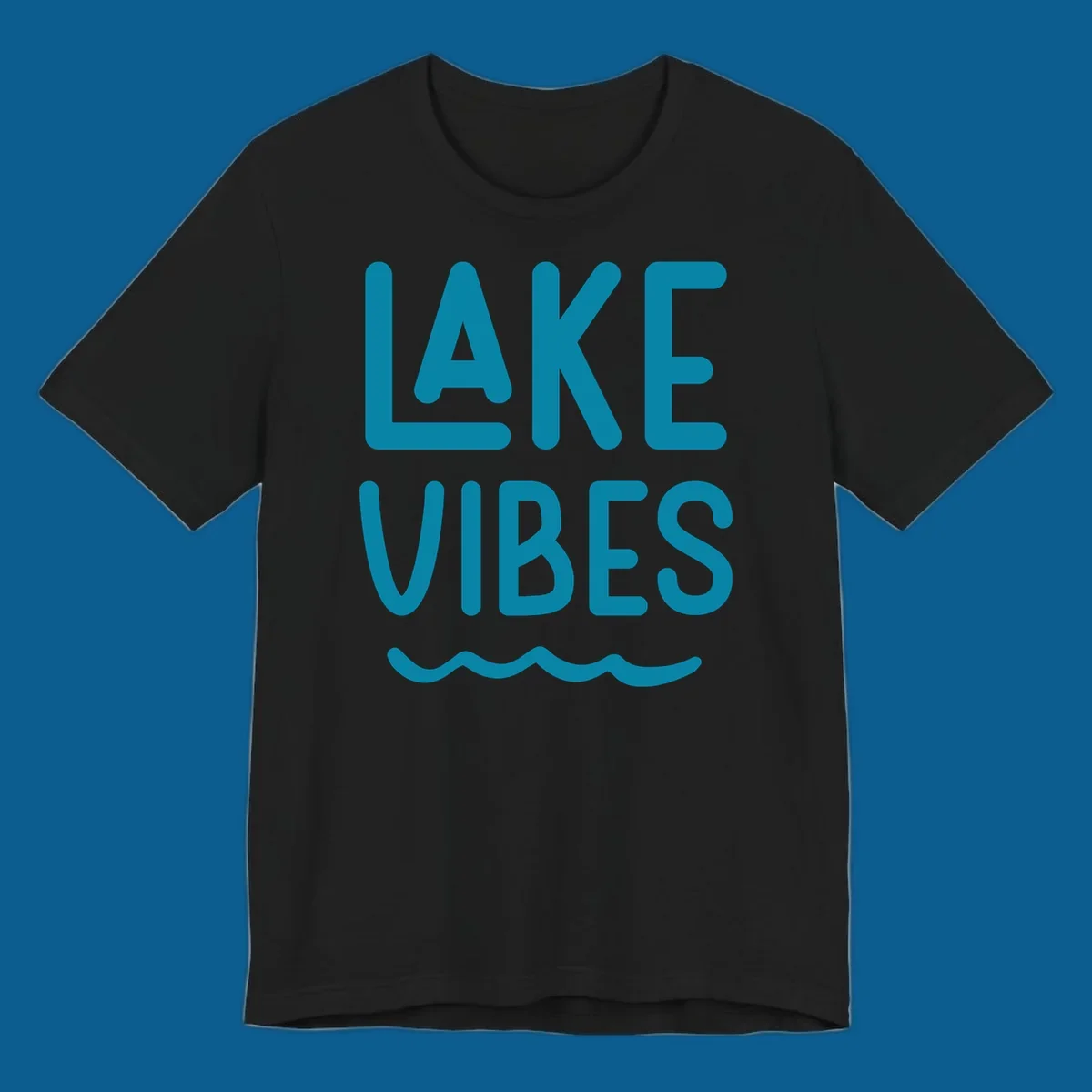 Lake Vibes text design with teal lettering and wavy water graphic.