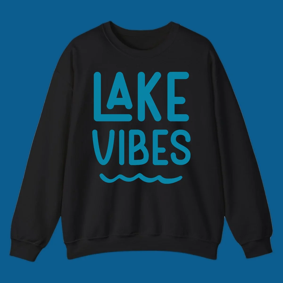 Lake Vibes text design with teal lettering and wavy water graphic.