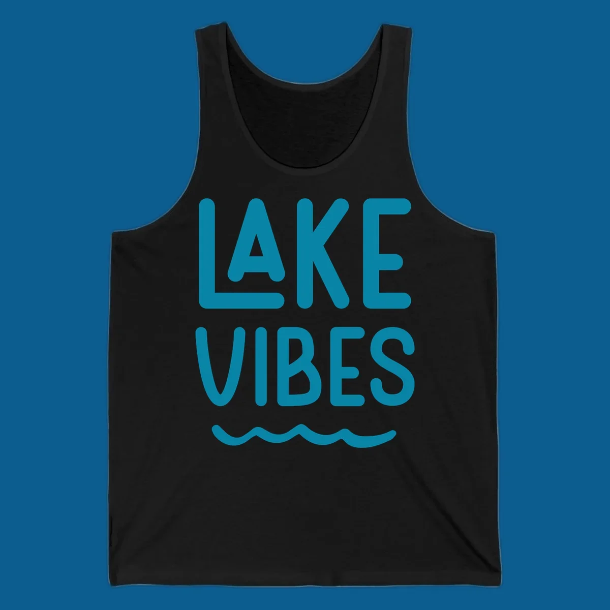 Lake Vibes text design with teal lettering and wavy water graphic.