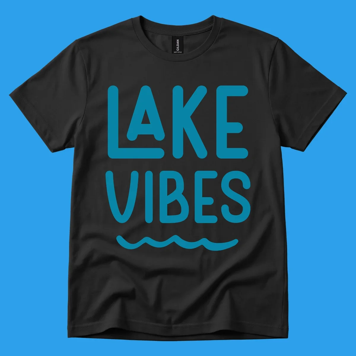 Lake Vibes text design with teal lettering and wavy water graphic.