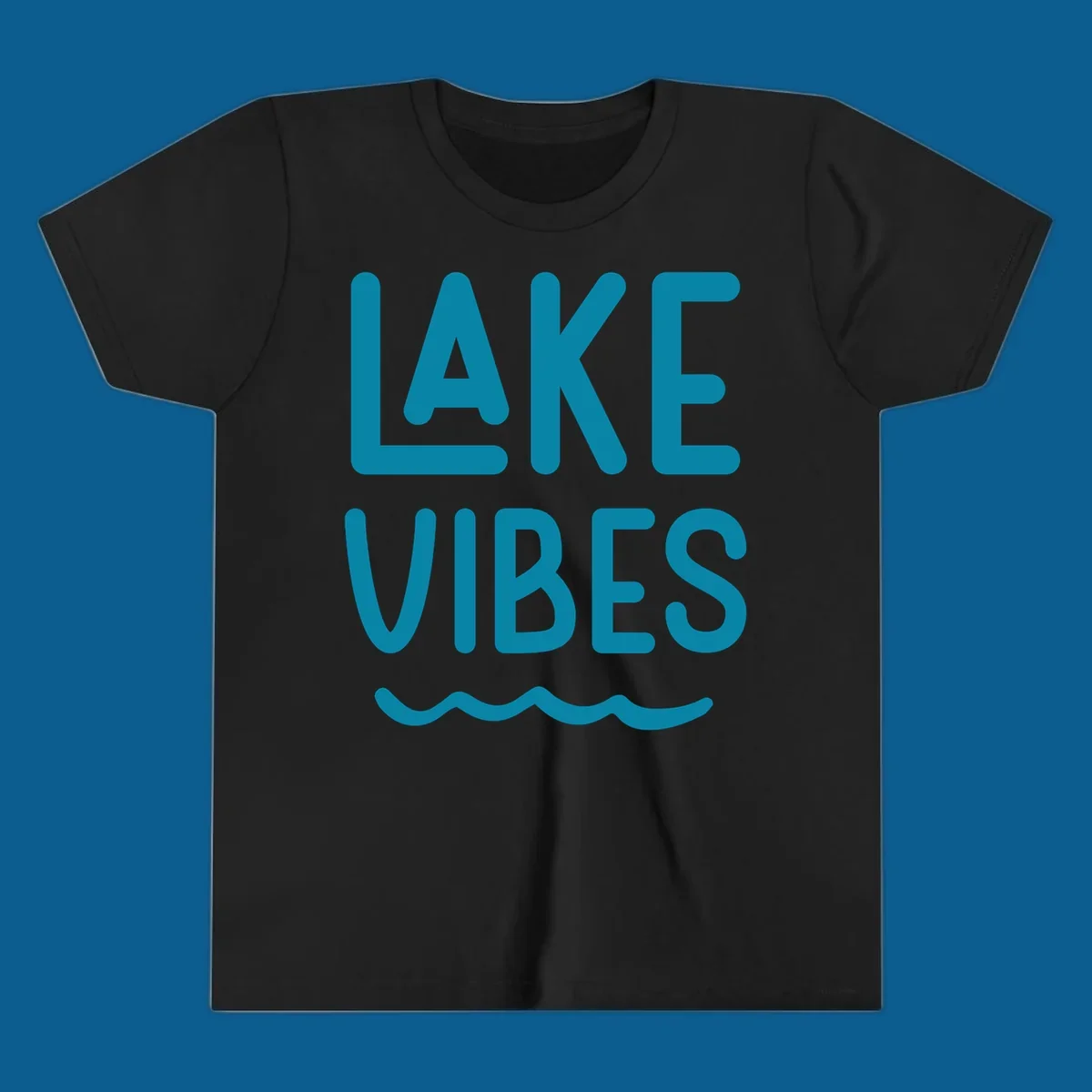 Lake Vibes text design with teal lettering and wavy water graphic.