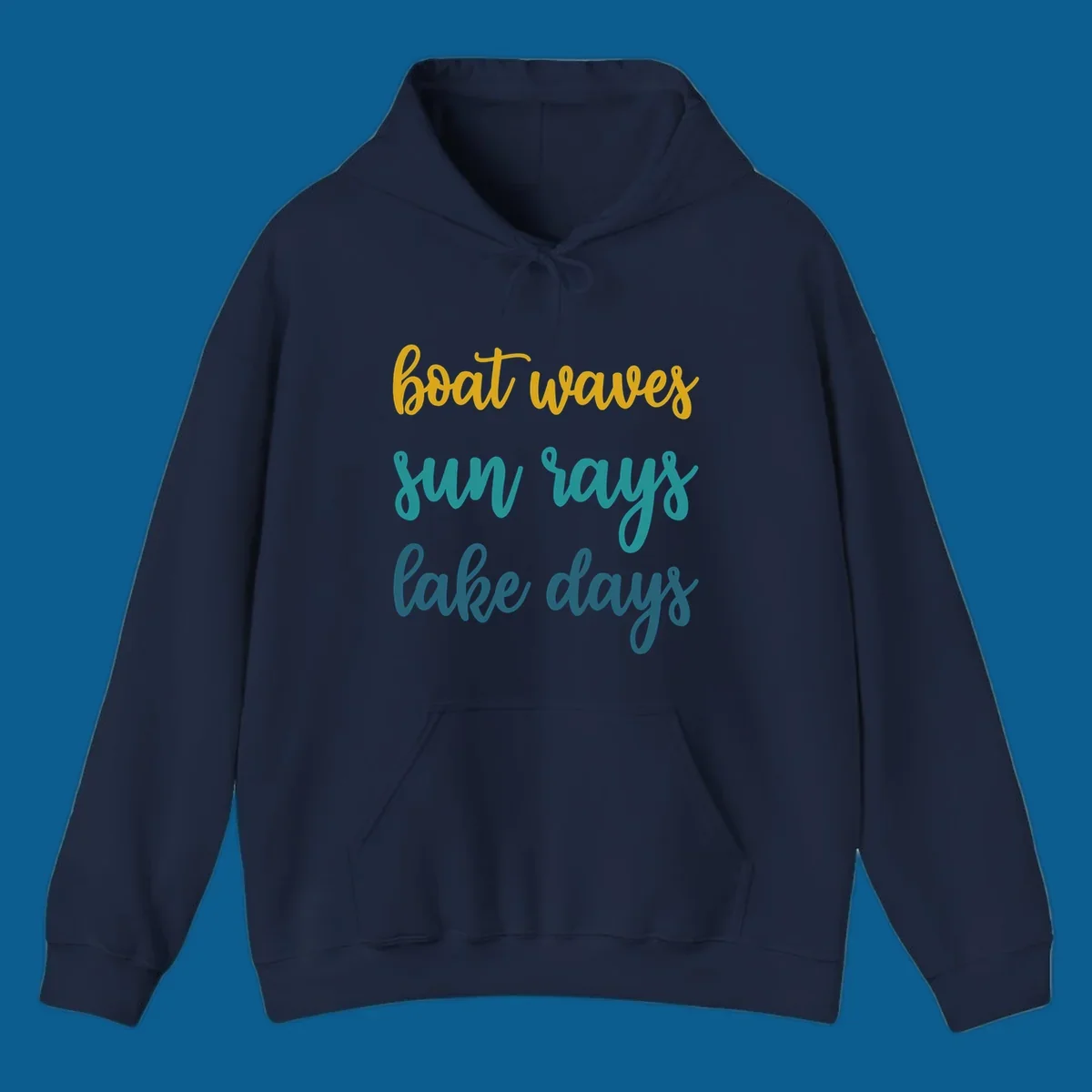 boat waves sun rays lake days text in gold teal and blue, lake life vibes