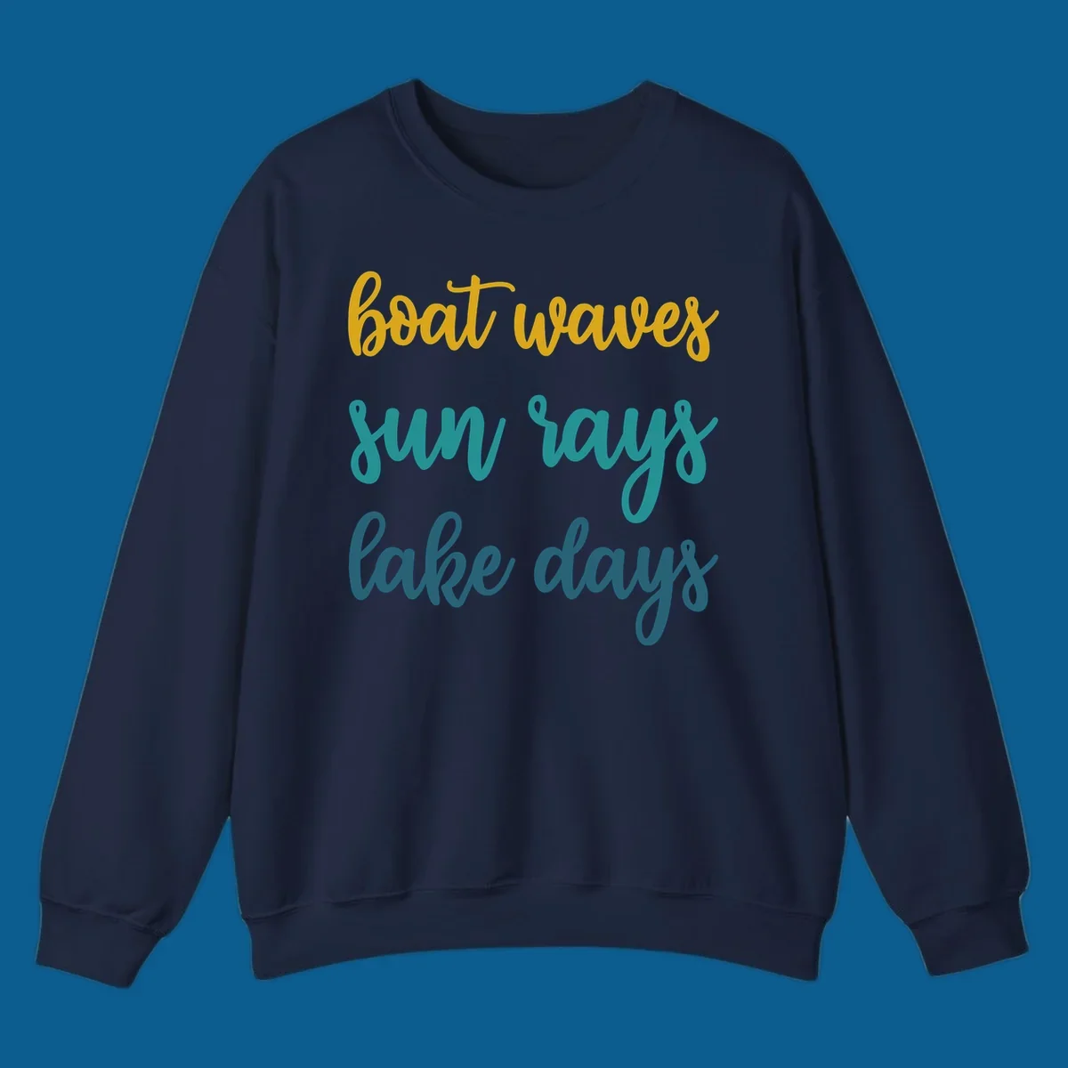 boat waves sun rays lake days text in gold teal and blue, lake life vibes