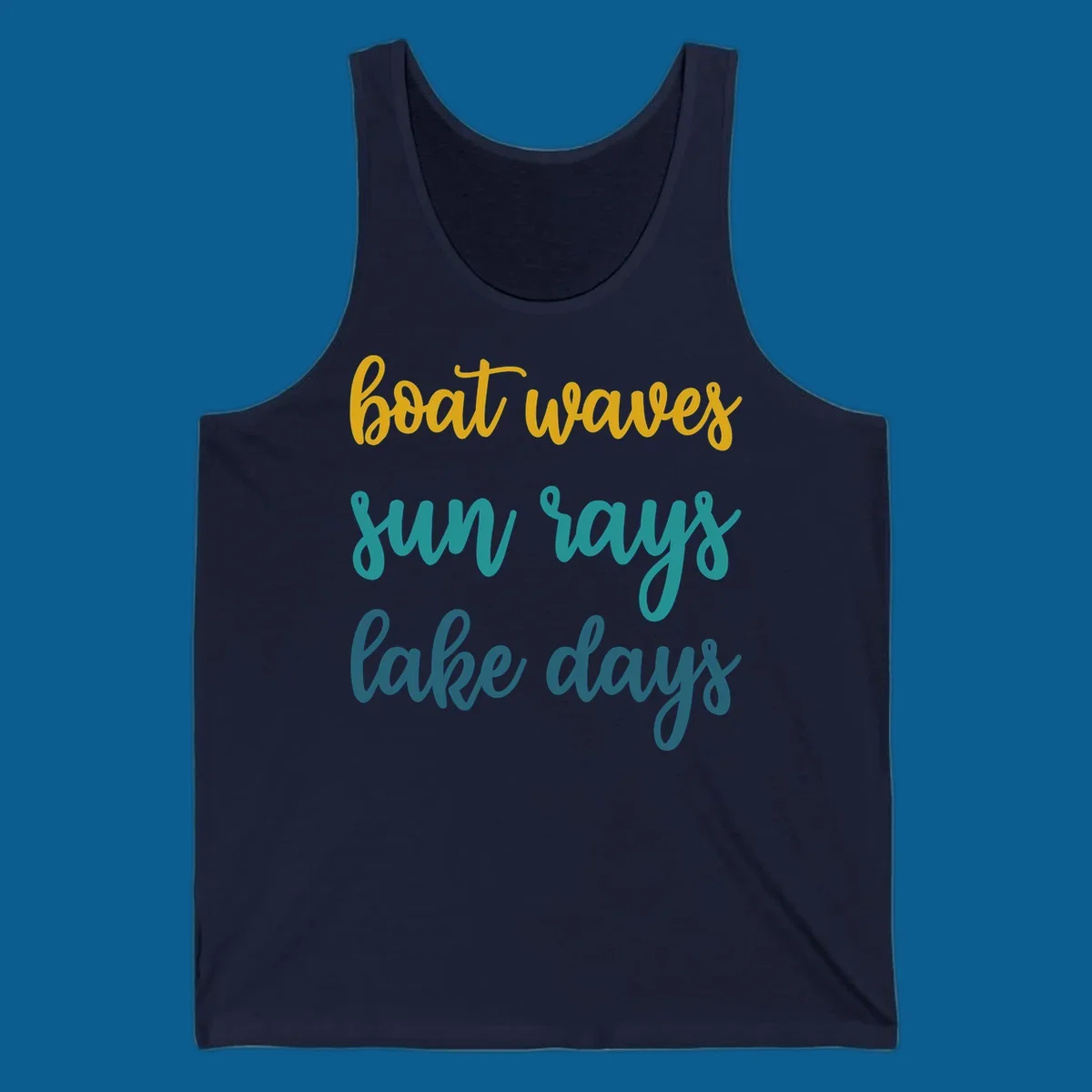 boat waves sun rays lake days text in gold teal and blue, lake life vibes