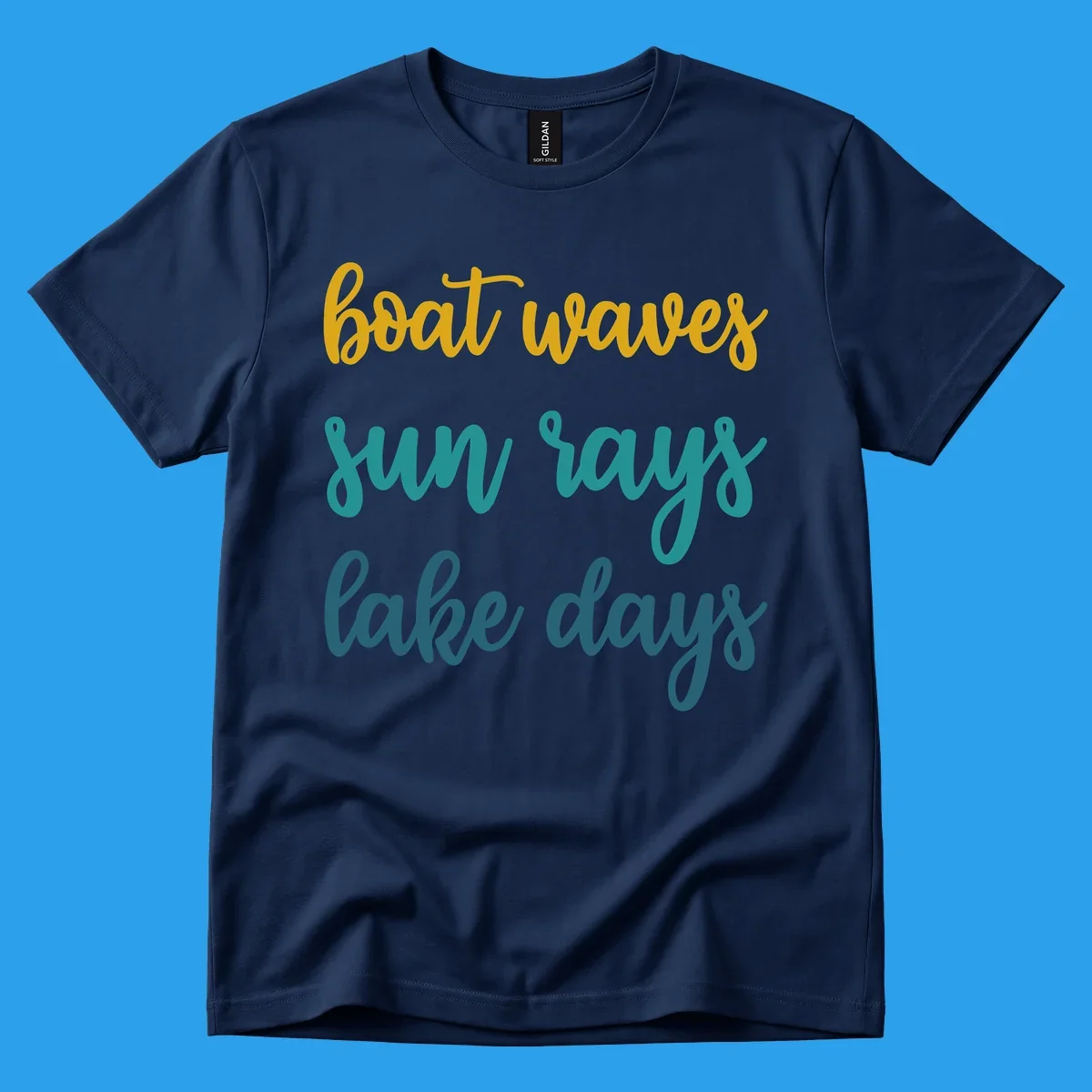 boat waves sun rays lake days text in gold teal and blue, lake life vibes