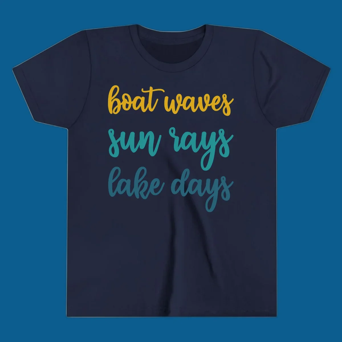 boat waves sun rays lake days text in gold teal and blue, lake life vibes