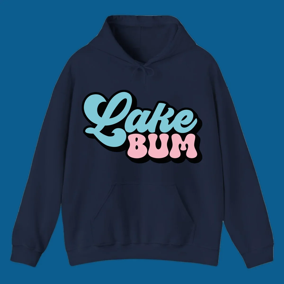 Retro script text design with 'Lake' in light blue and 'BUM' in pink, on a black background. Lake bum style.