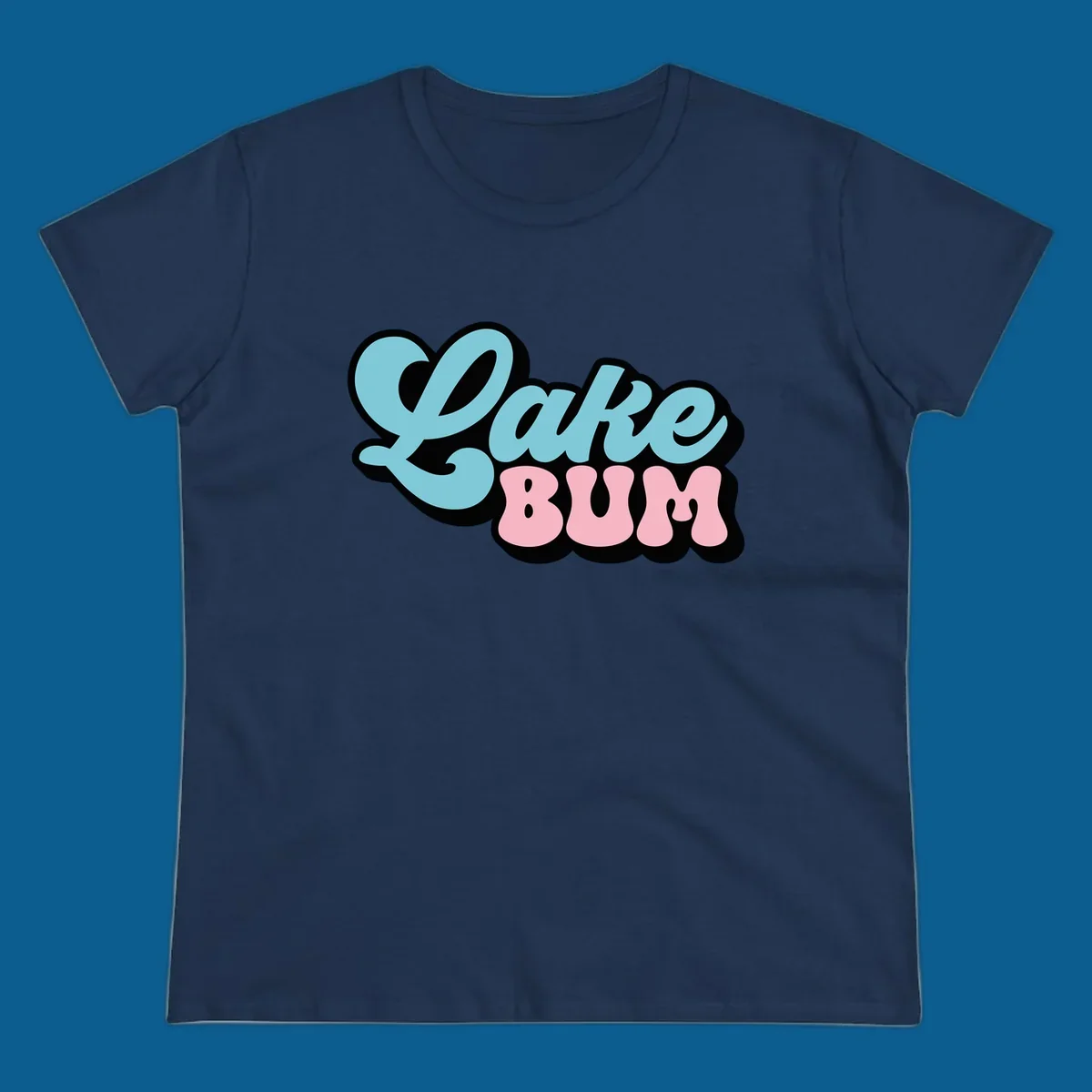 Retro script text design with 'Lake' in light blue and 'BUM' in pink, on a black background. Lake bum style.
