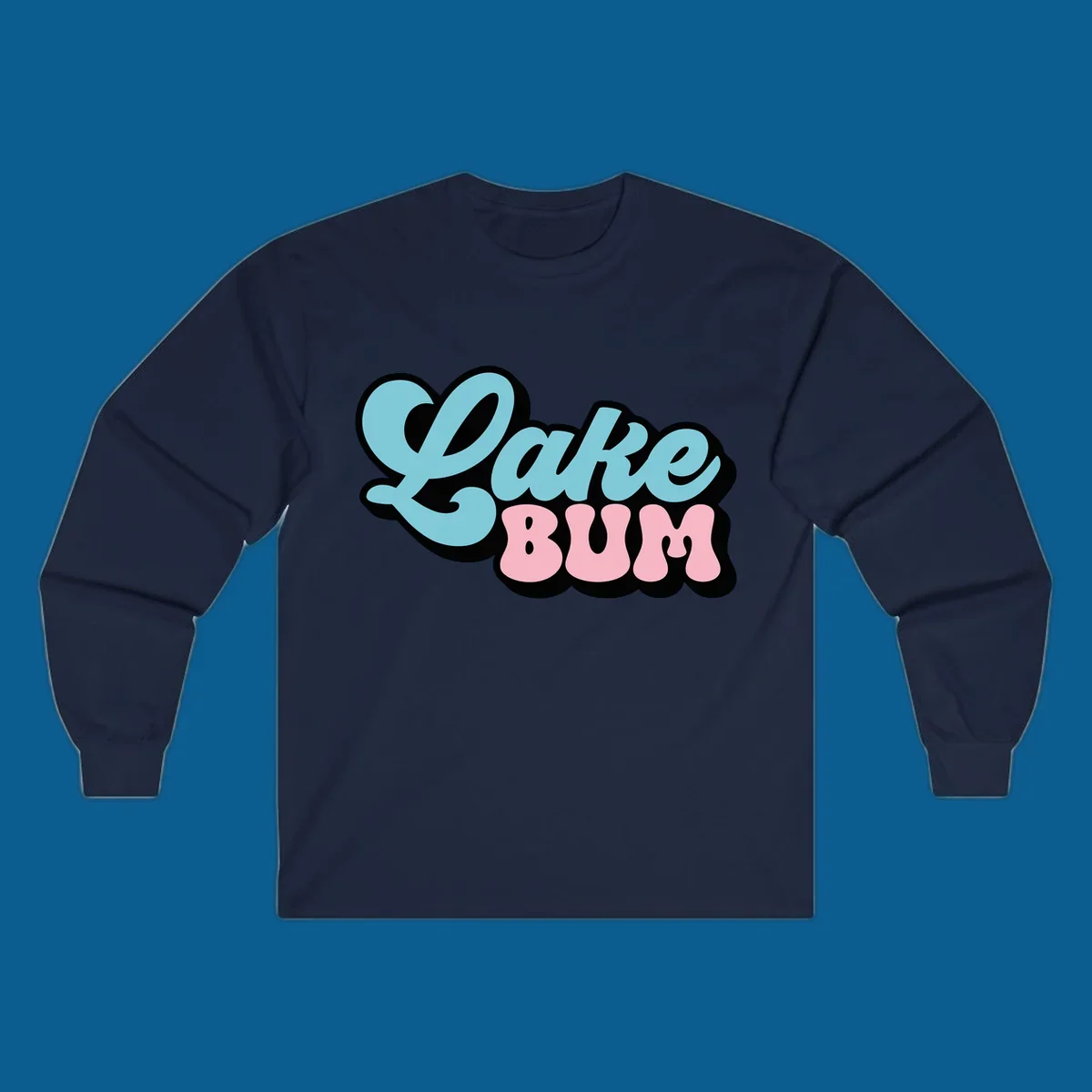 Retro script text design with 'Lake' in light blue and 'BUM' in pink, on a black background. Lake bum style.