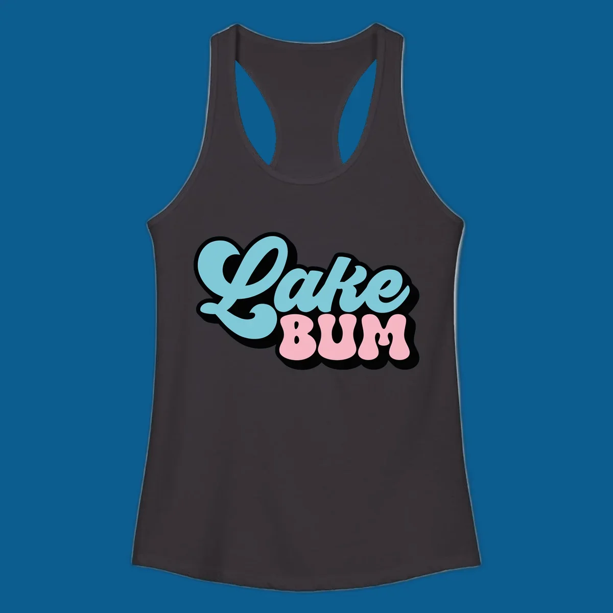 Retro script text design with 'Lake' in light blue and 'BUM' in pink, on a black background. Lake bum style.