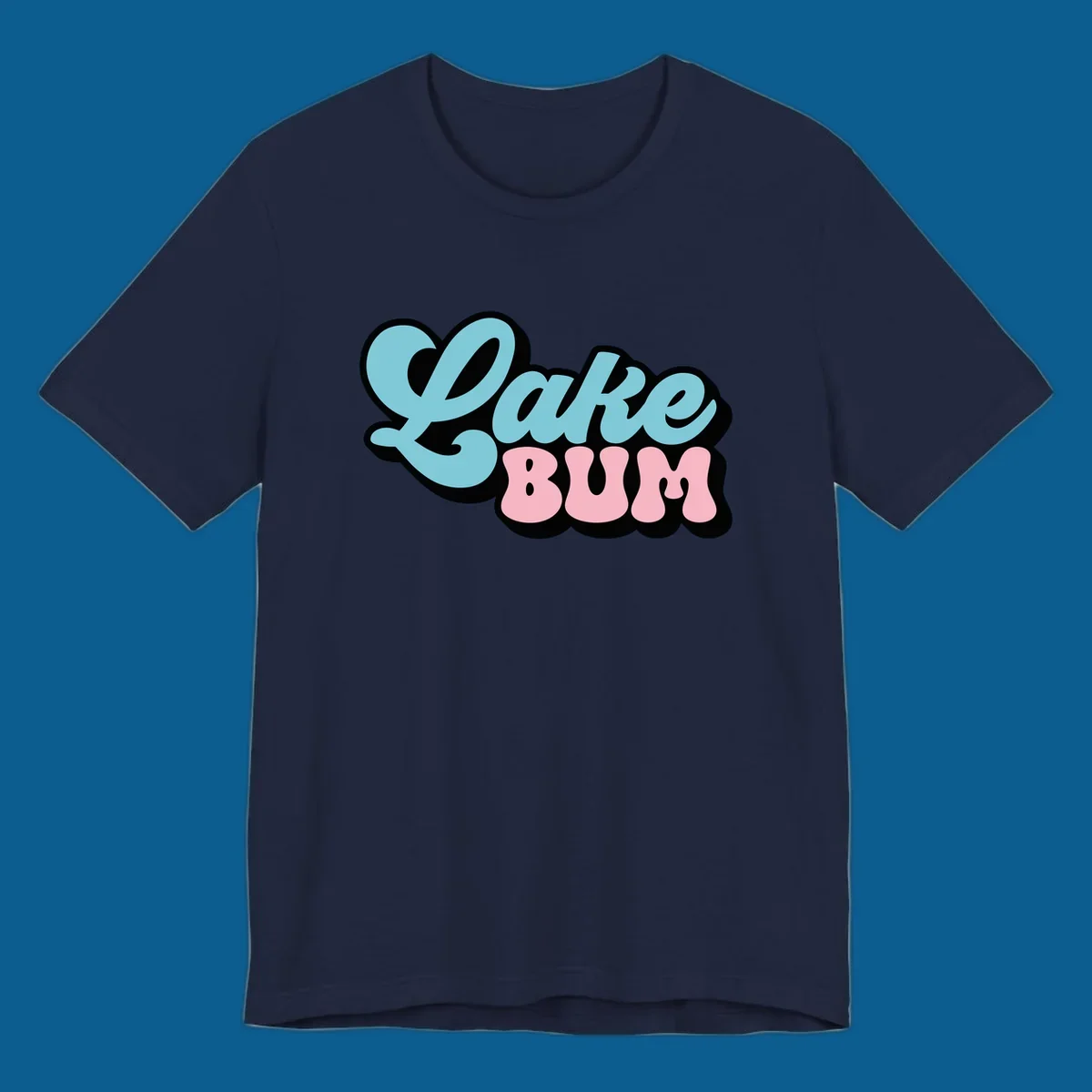 Retro script text design with 'Lake' in light blue and 'BUM' in pink, on a black background. Lake bum style.