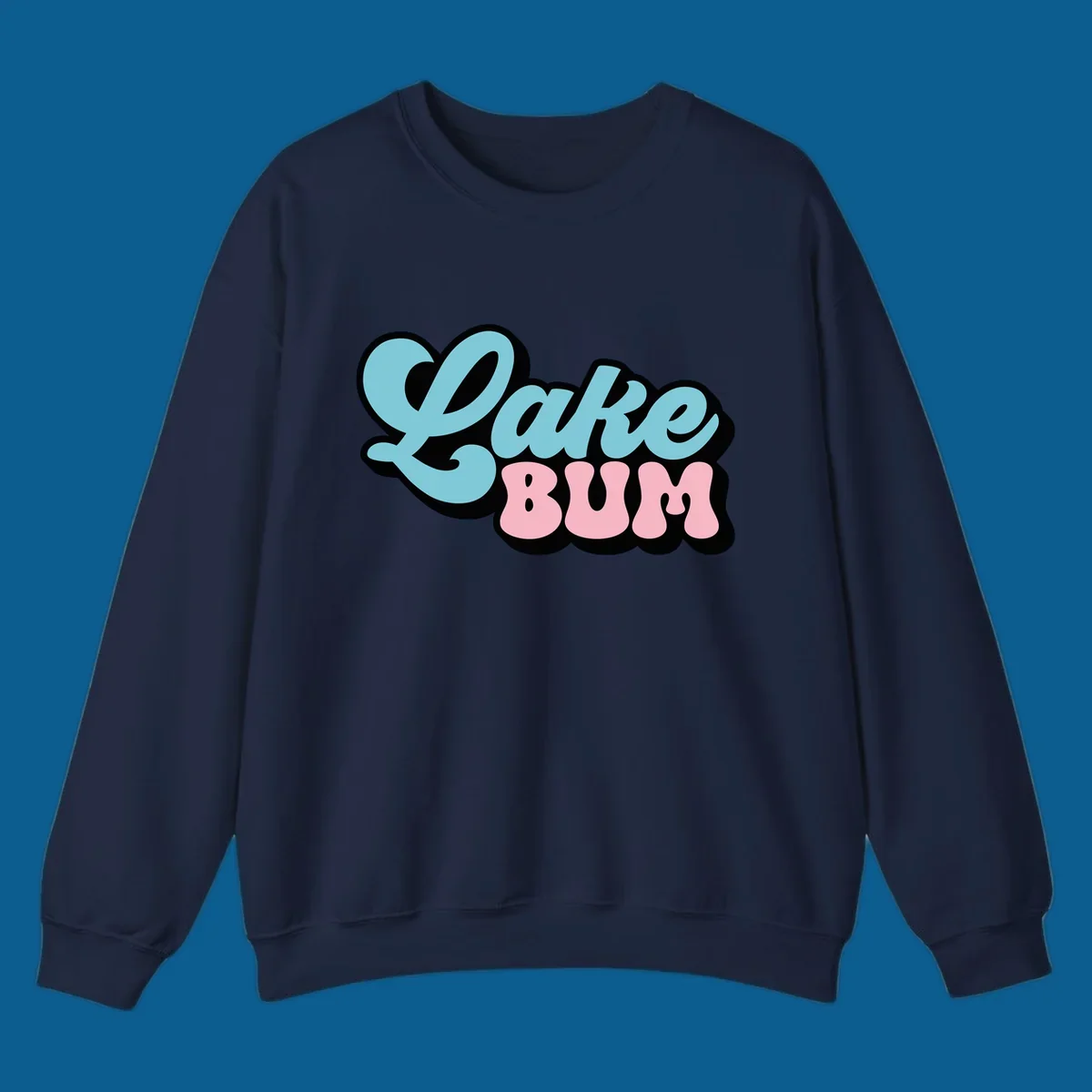 Retro script text design with 'Lake' in light blue and 'BUM' in pink, on a black background. Lake bum style.