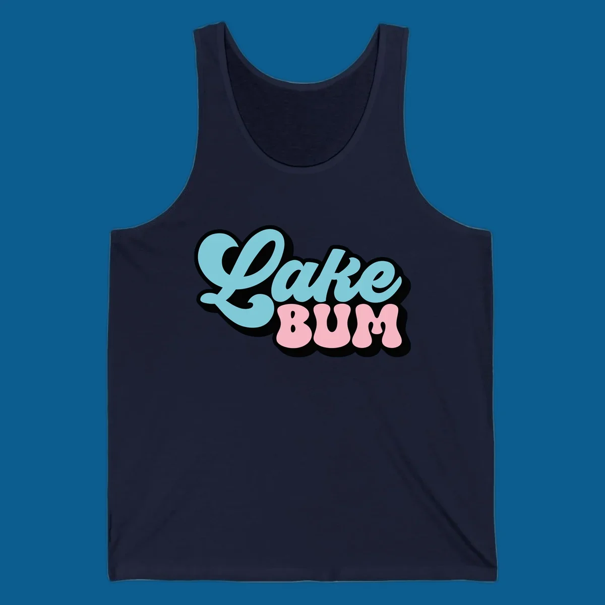 Retro script text design with 'Lake' in light blue and 'BUM' in pink, on a black background. Lake bum style.