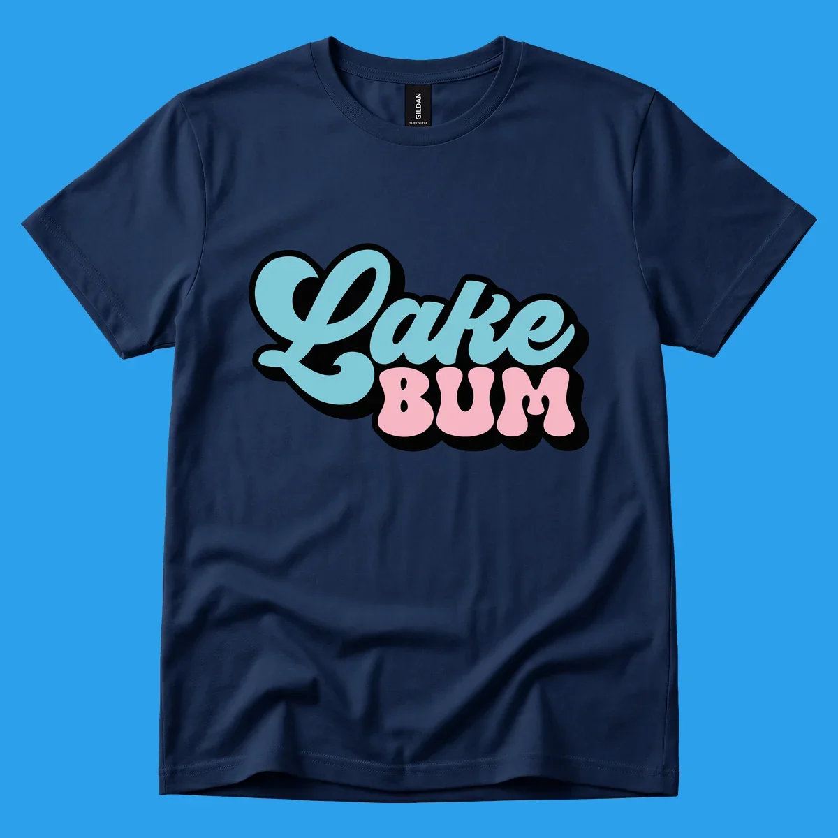 Retro script text design with 'Lake' in light blue and 'BUM' in pink, on a black background. Lake bum style.