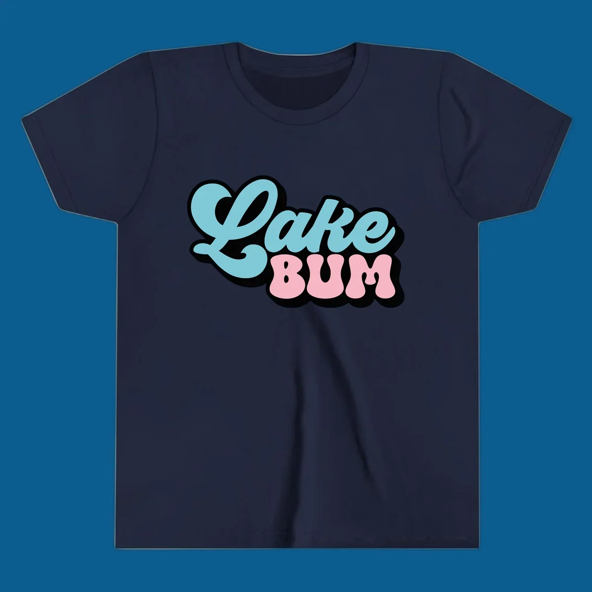 Retro script text design with 'Lake' in light blue and 'BUM' in pink, on a black background. Lake bum style.