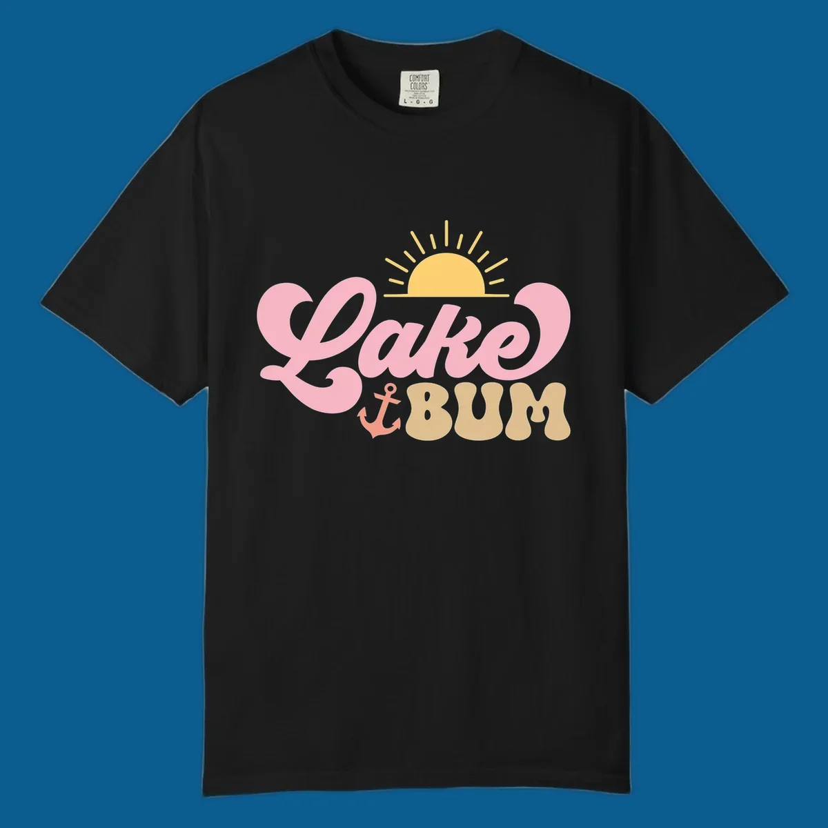 Retro Lake Bum graphic with sun and anchor. lake-bum-retro