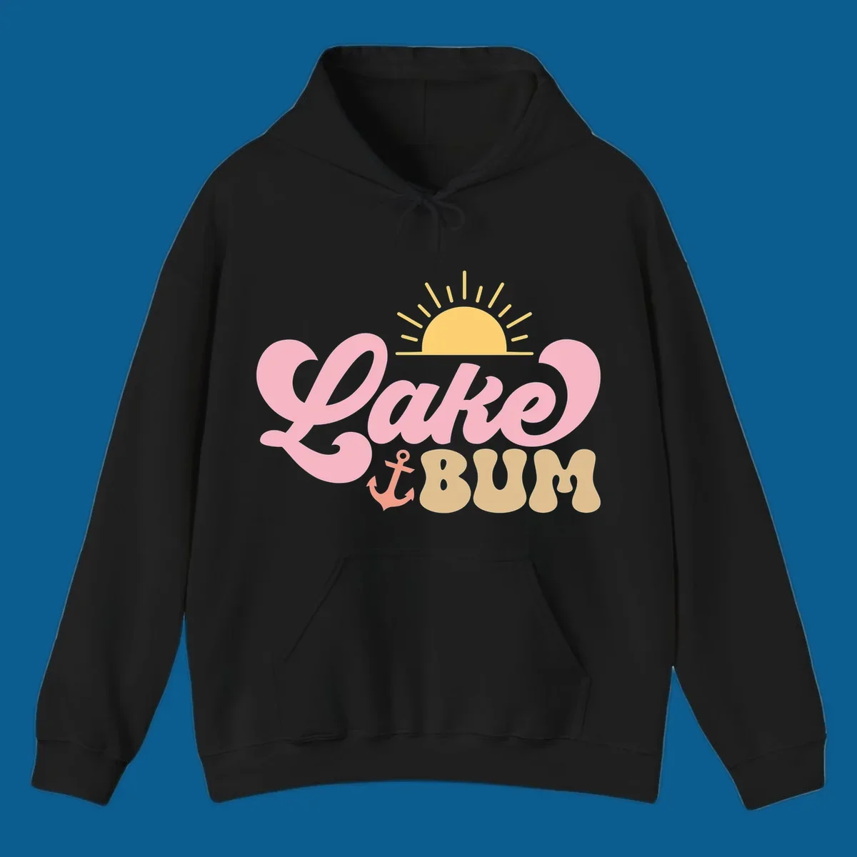 Retro Lake Bum graphic with sun and anchor. lake-bum-retro