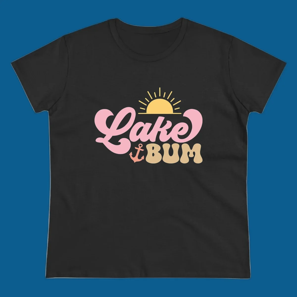 Retro Lake Bum graphic with sun and anchor. lake-bum-retro