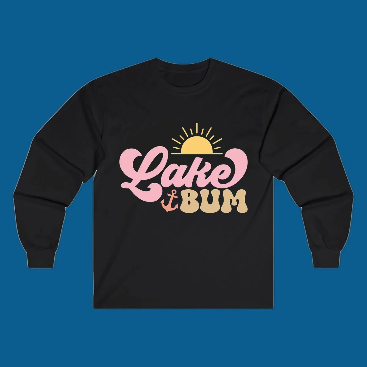 Retro Lake Bum graphic with sun and anchor. lake-bum-retro