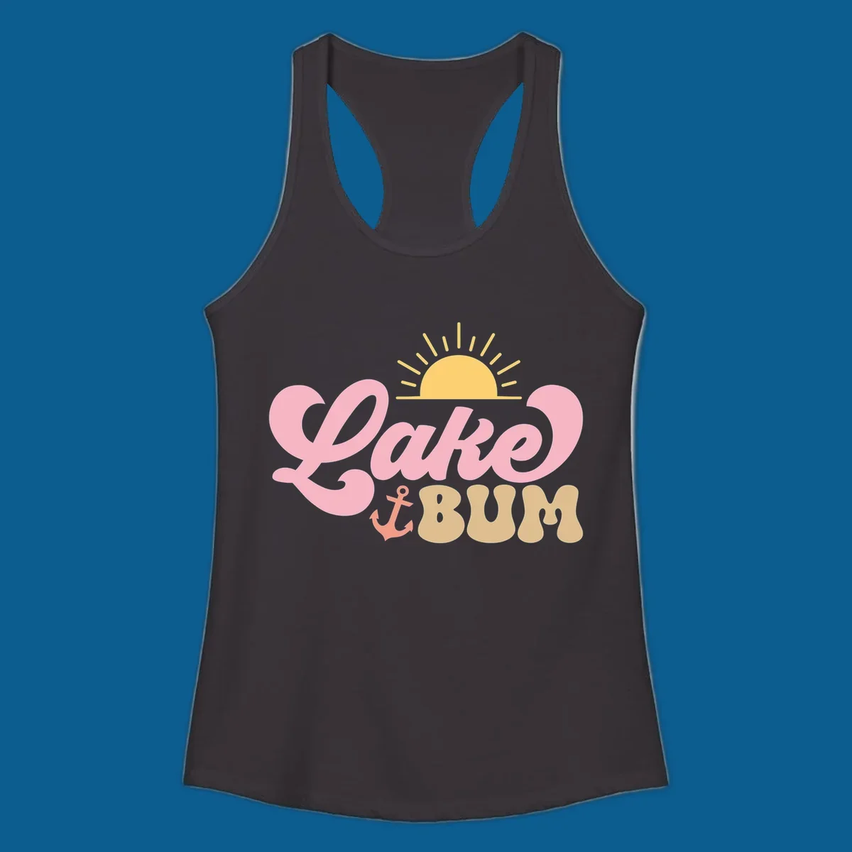 Retro Lake Bum graphic with sun and anchor. lake-bum-retro