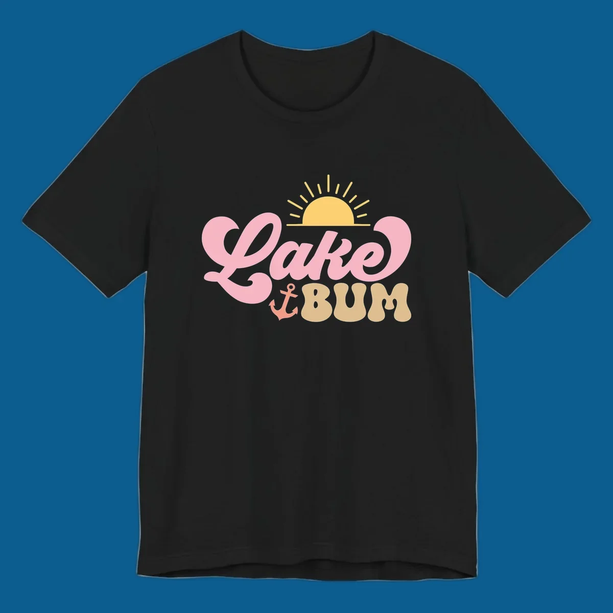 Retro Lake Bum graphic with sun and anchor. lake-bum-retro