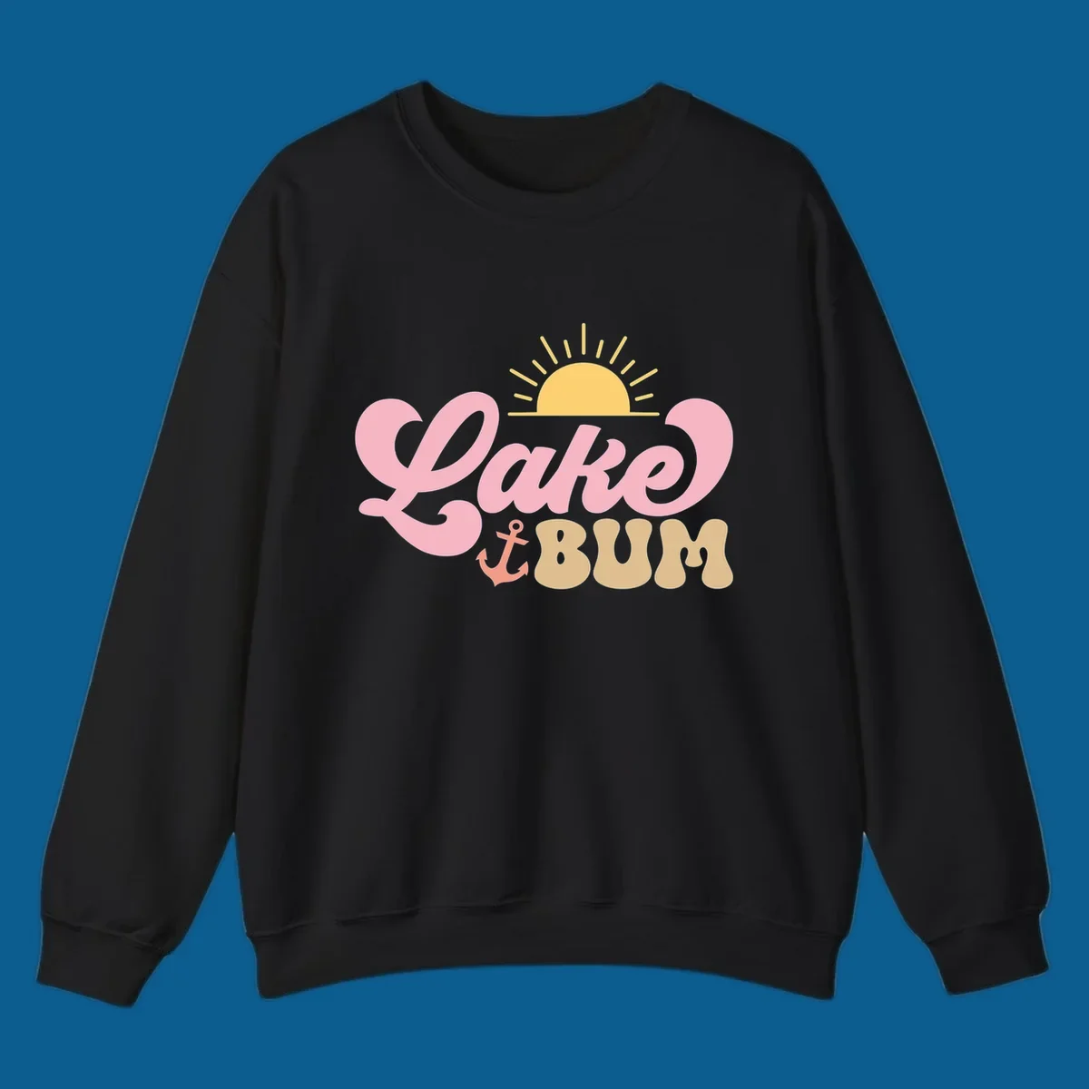 Retro Lake Bum graphic with sun and anchor. lake-bum-retro