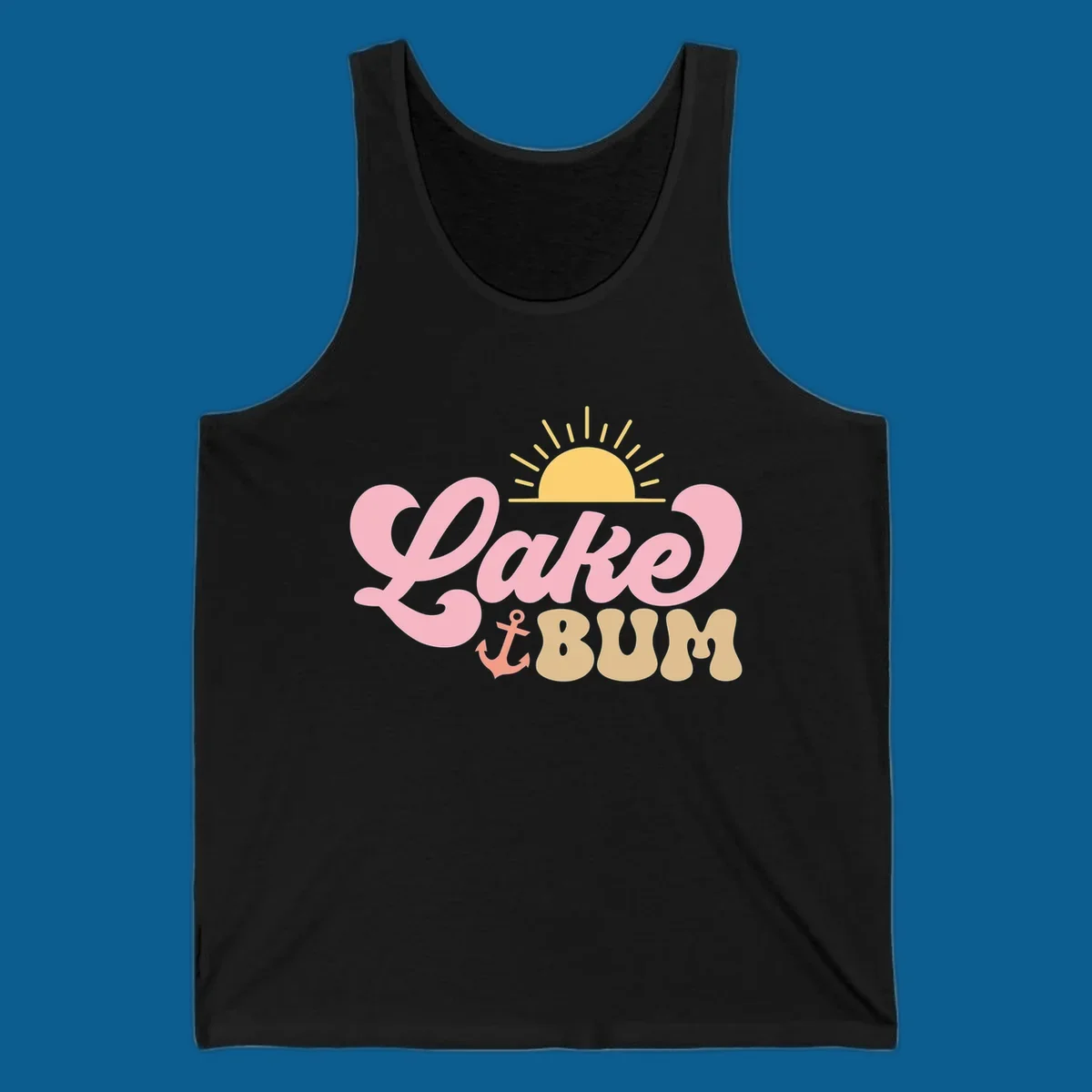 Retro Lake Bum graphic with sun and anchor. lake-bum-retro