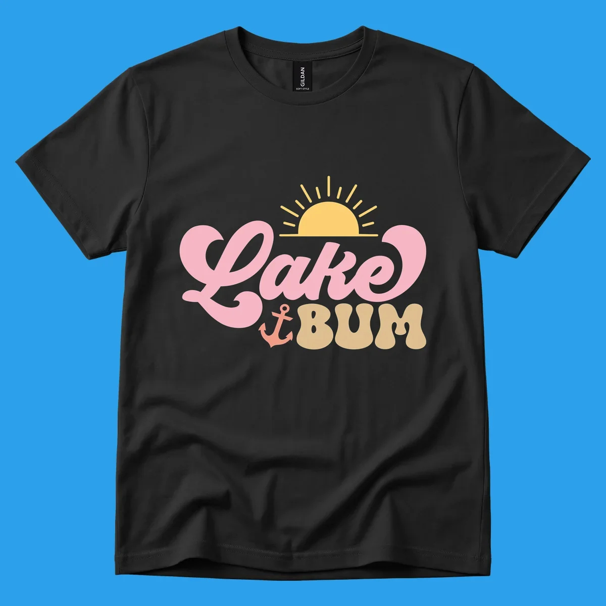 Retro Lake Bum graphic with sun and anchor. lake-bum-retro