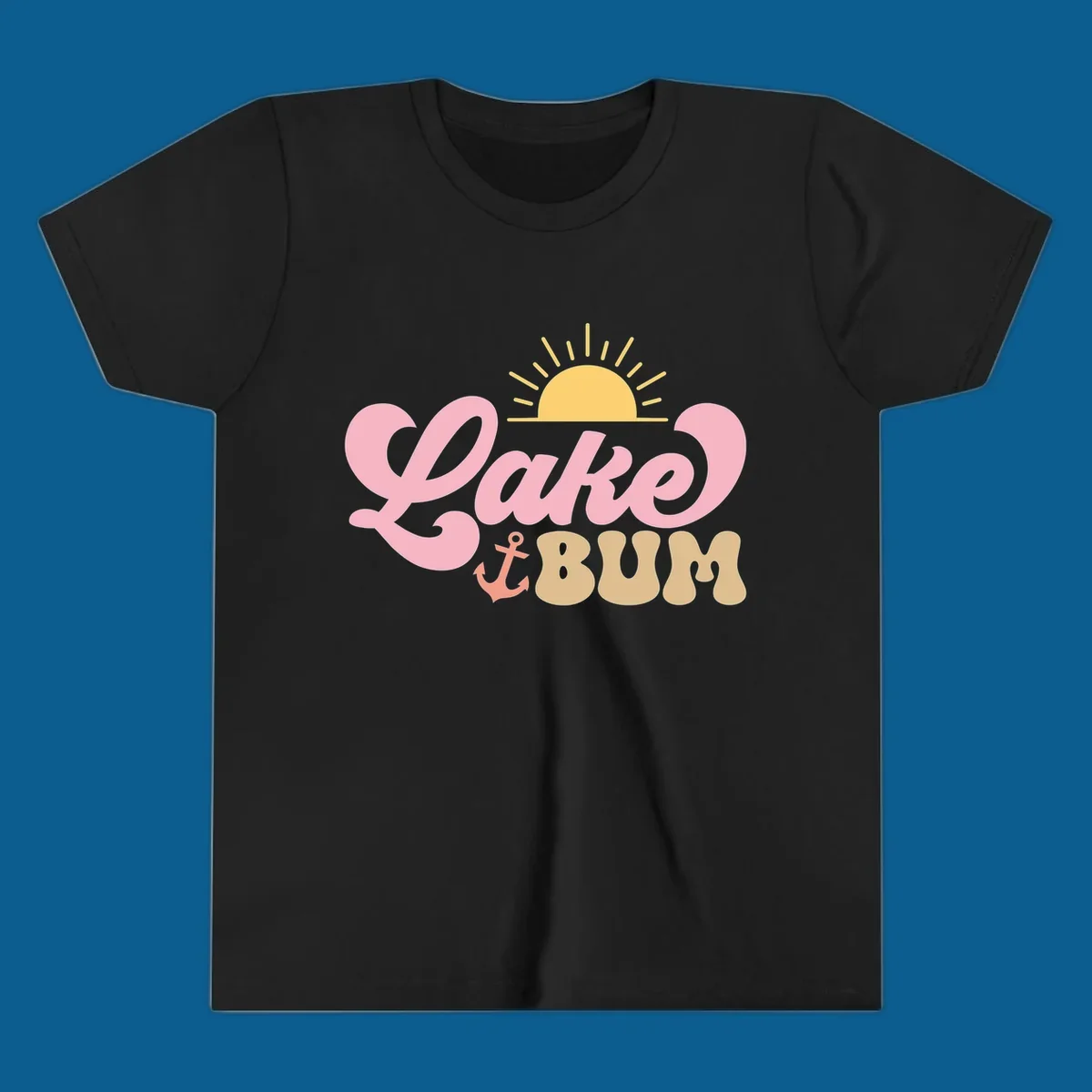 Retro Lake Bum graphic with sun and anchor. lake-bum-retro