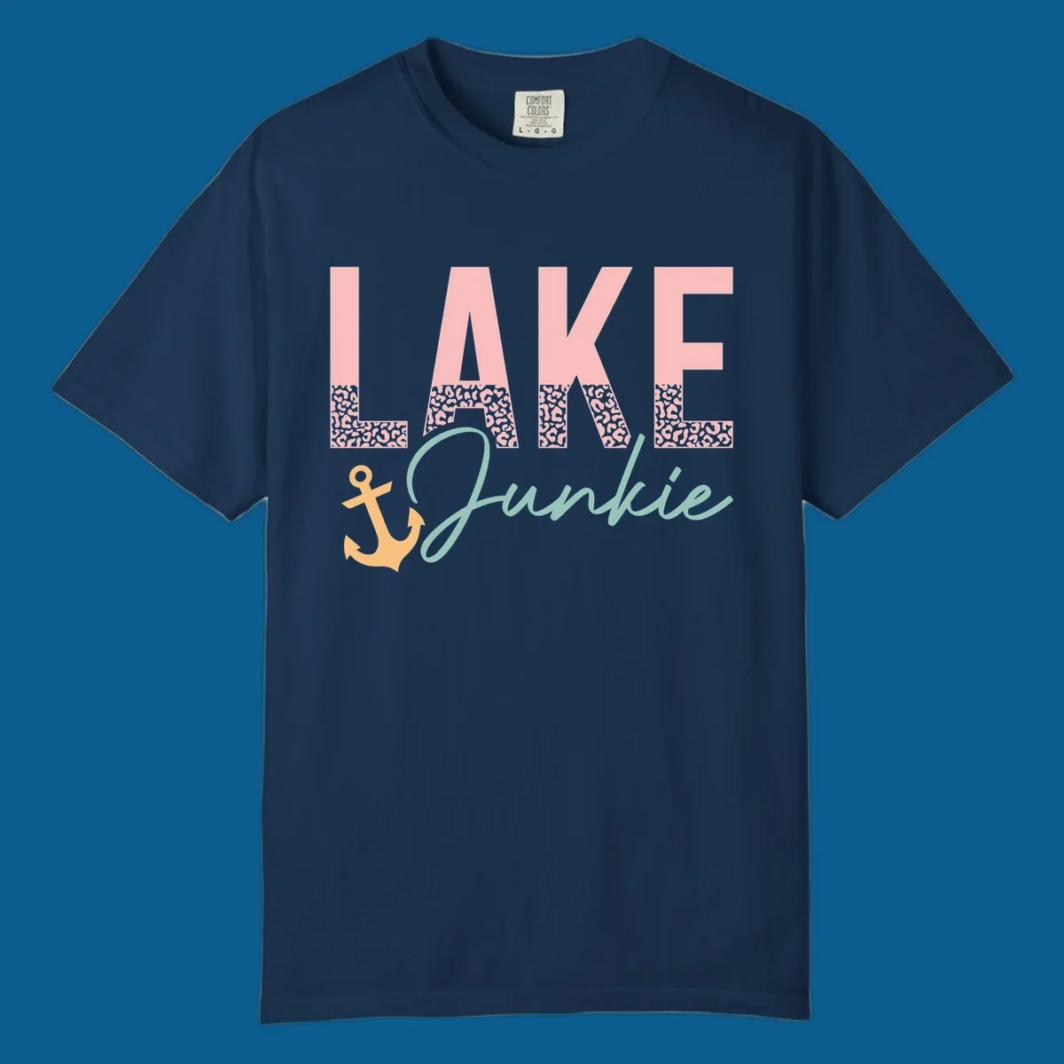 Lake Junkie text with anchor and leopard print, lake-life apparel graphic.