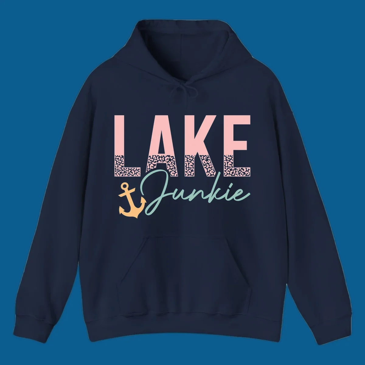 Lake Junkie text with anchor and leopard print, lake-life apparel graphic.