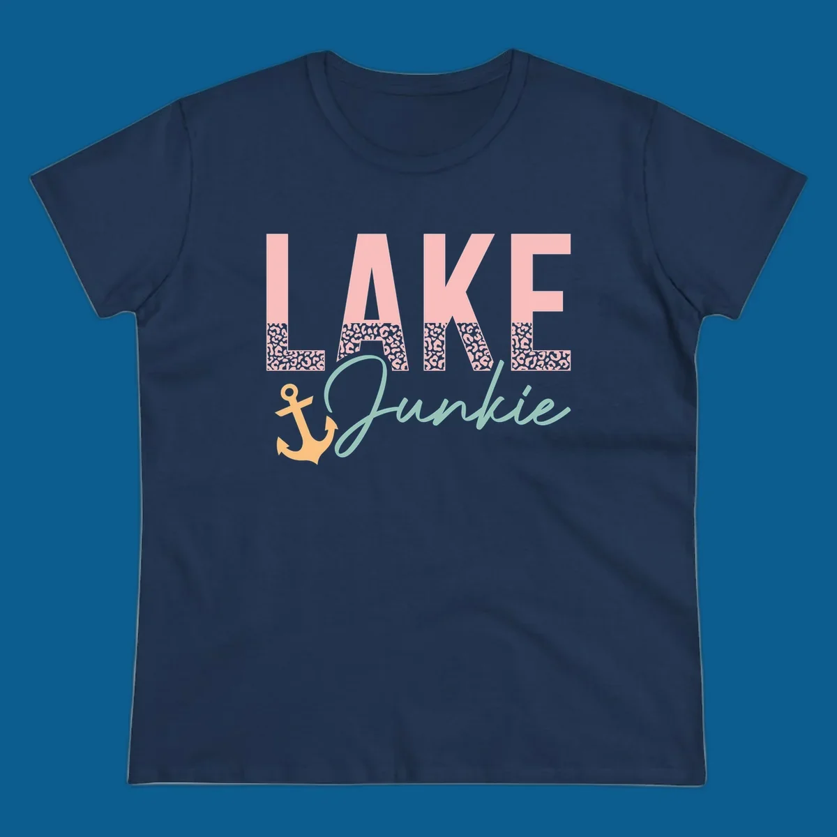 Lake Junkie text with anchor and leopard print, lake-life apparel graphic.