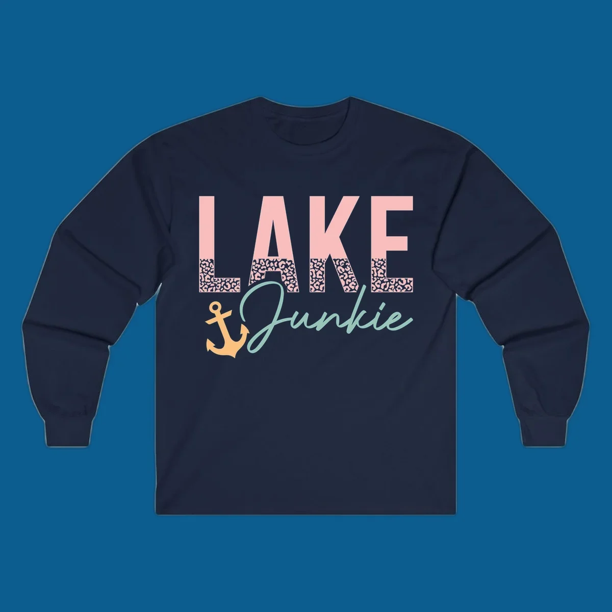 Lake Junkie text with anchor and leopard print, lake-life apparel graphic.