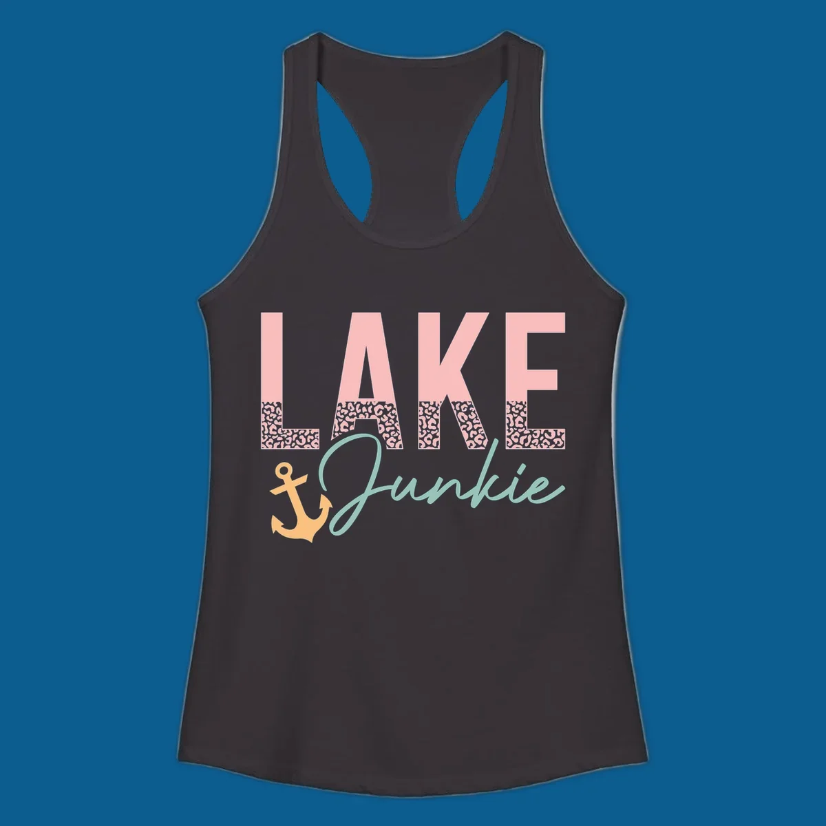 Lake Junkie text with anchor and leopard print, lake-life apparel graphic.