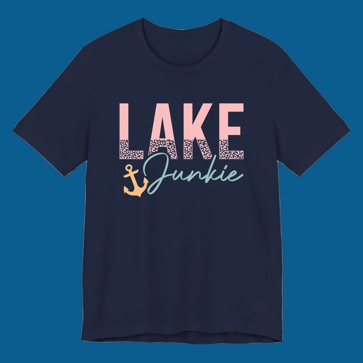 Lake Junkie text with anchor and leopard print, lake-life apparel graphic.