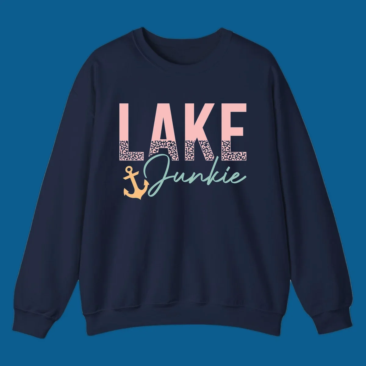Lake Junkie text with anchor and leopard print, lake-life apparel graphic.