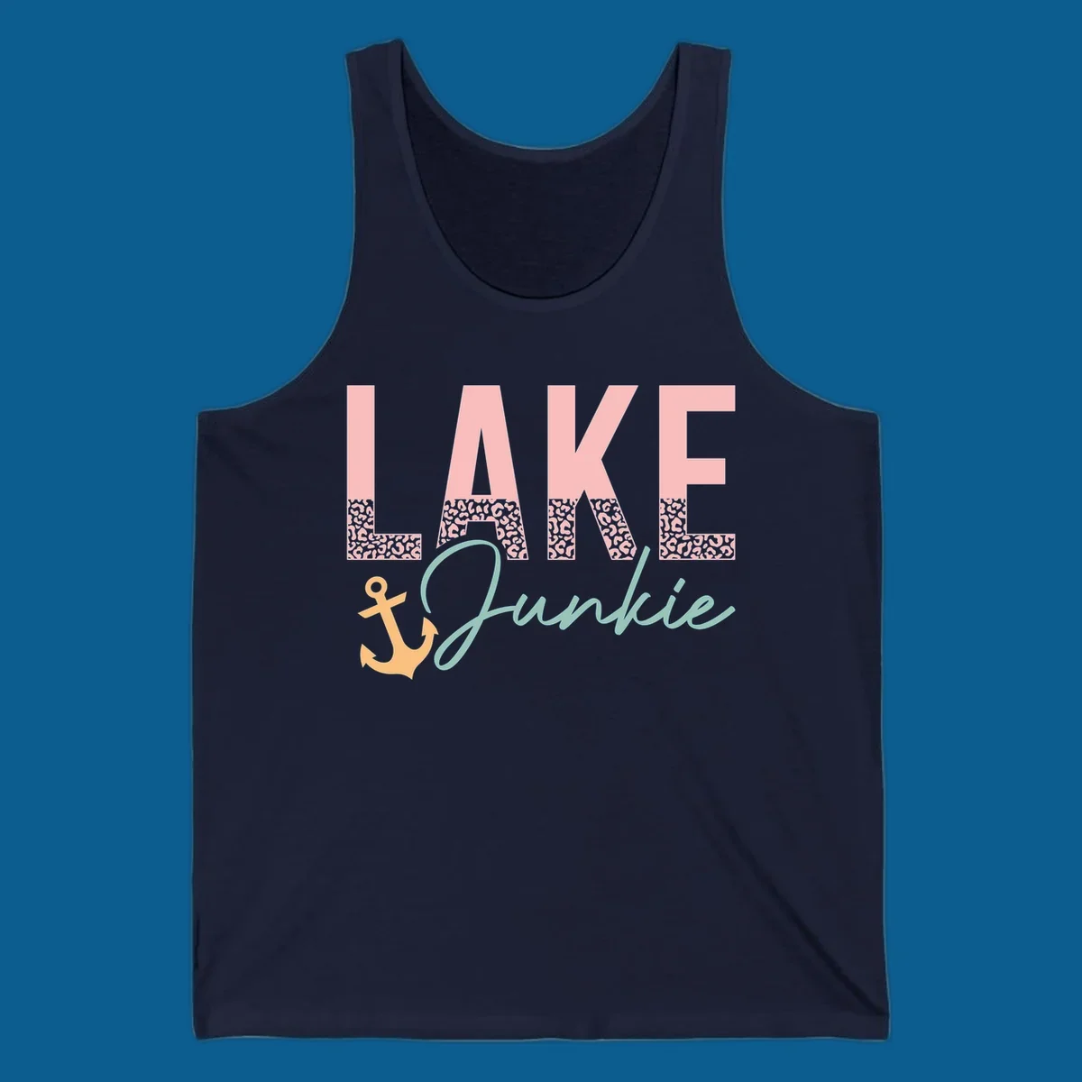 Lake Junkie text with anchor and leopard print, lake-life apparel graphic.