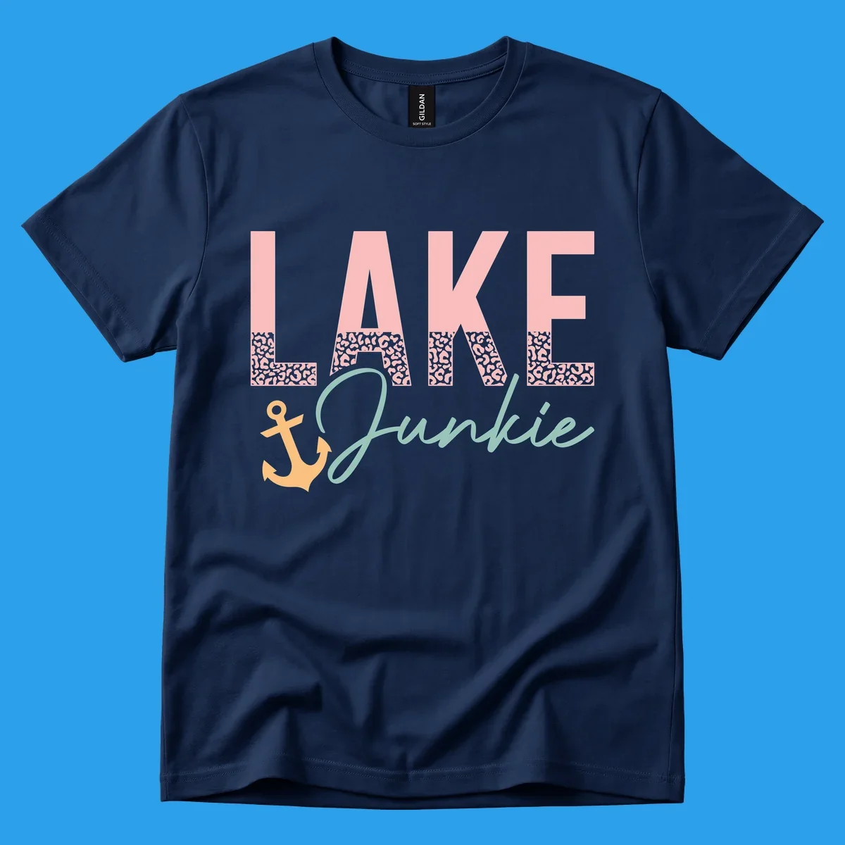 Lake Junkie text with anchor and leopard print, lake-life apparel graphic.