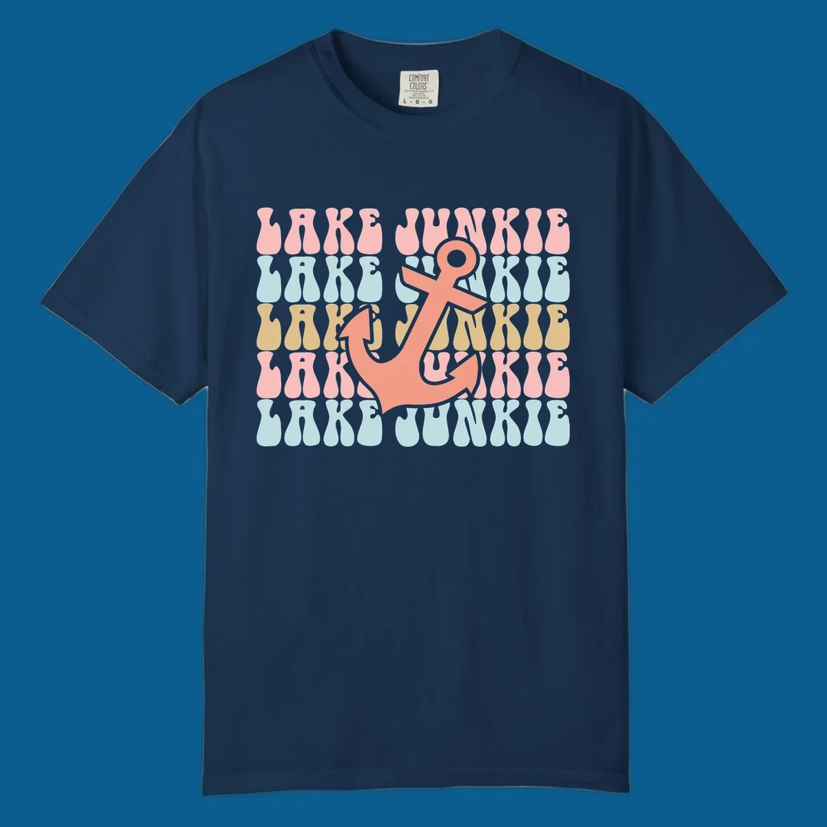 Retro wavy text 'Lake Junkie' with a coral anchor graphic, representing lake-junkie-anchor.