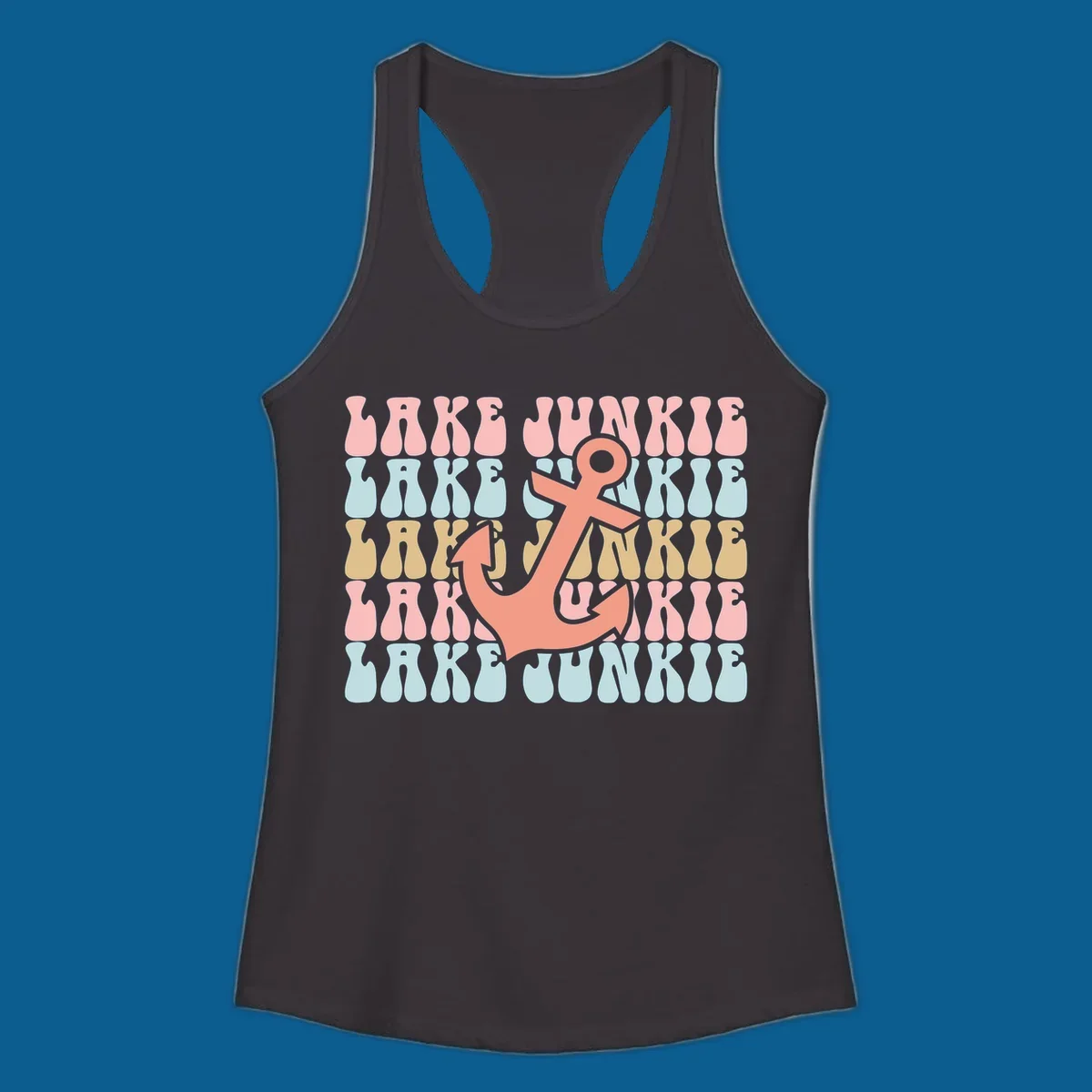 Retro wavy text 'Lake Junkie' with a coral anchor graphic, representing lake-junkie-anchor.