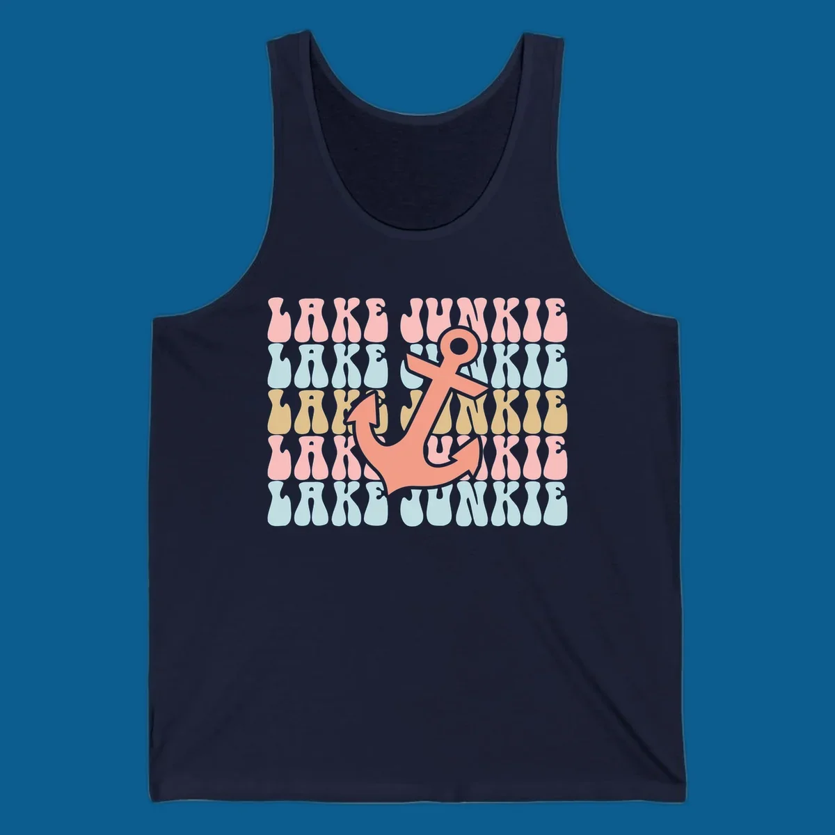 Retro wavy text 'Lake Junkie' with a coral anchor graphic, representing lake-junkie-anchor.