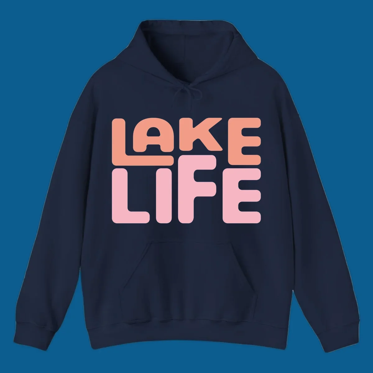 Bold typography design spelling LAKE LIFE in peach and pink.