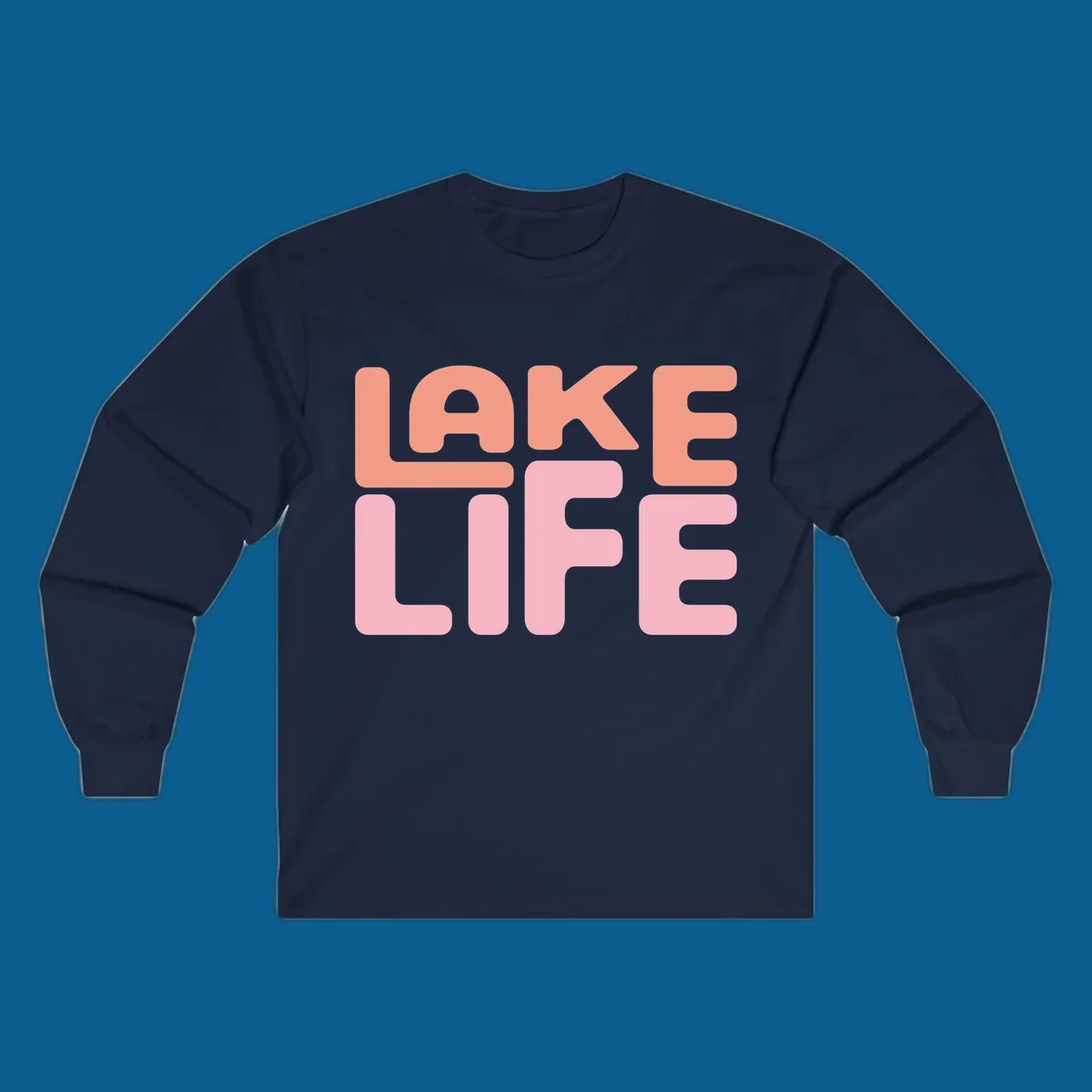 Bold typography design spelling LAKE LIFE in peach and pink.