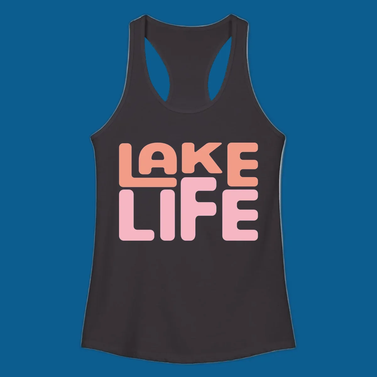 Bold typography design spelling LAKE LIFE in peach and pink.
