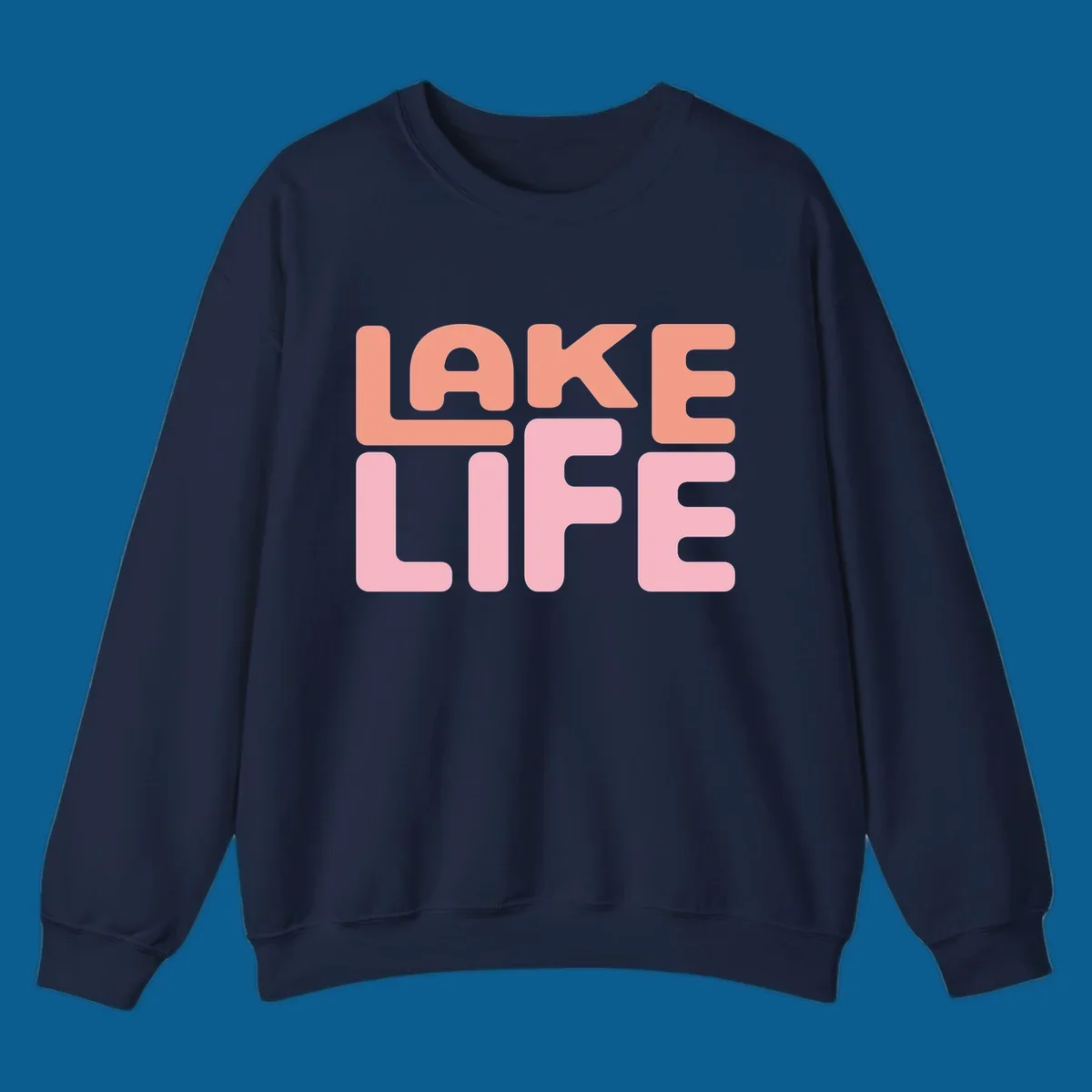 Bold typography design spelling LAKE LIFE in peach and pink.