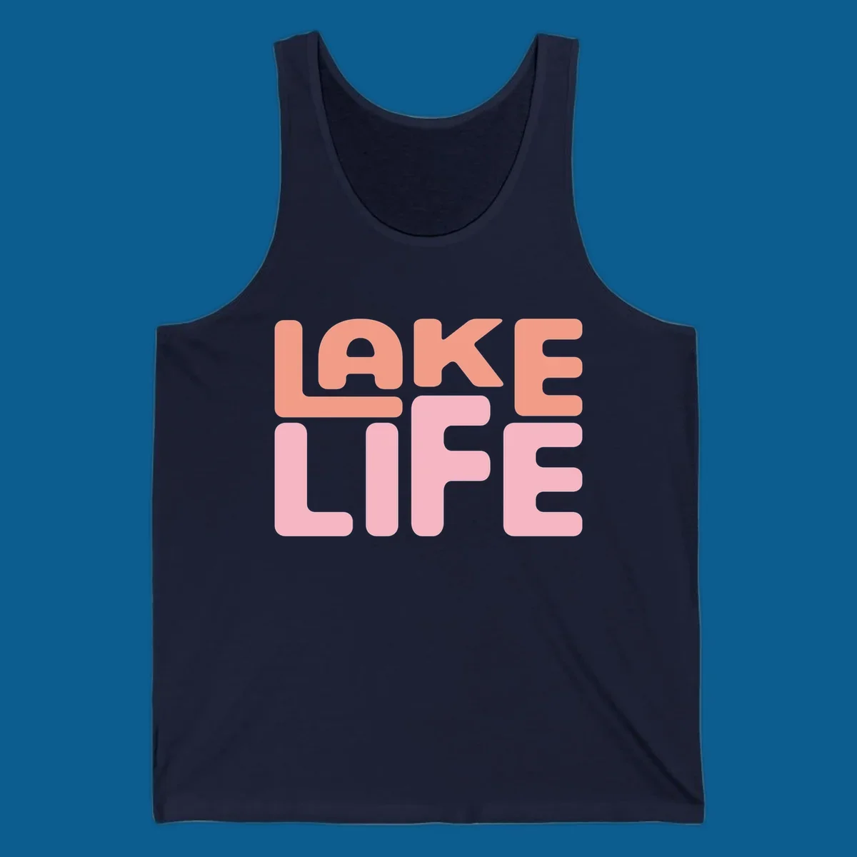 Bold typography design spelling LAKE LIFE in peach and pink.