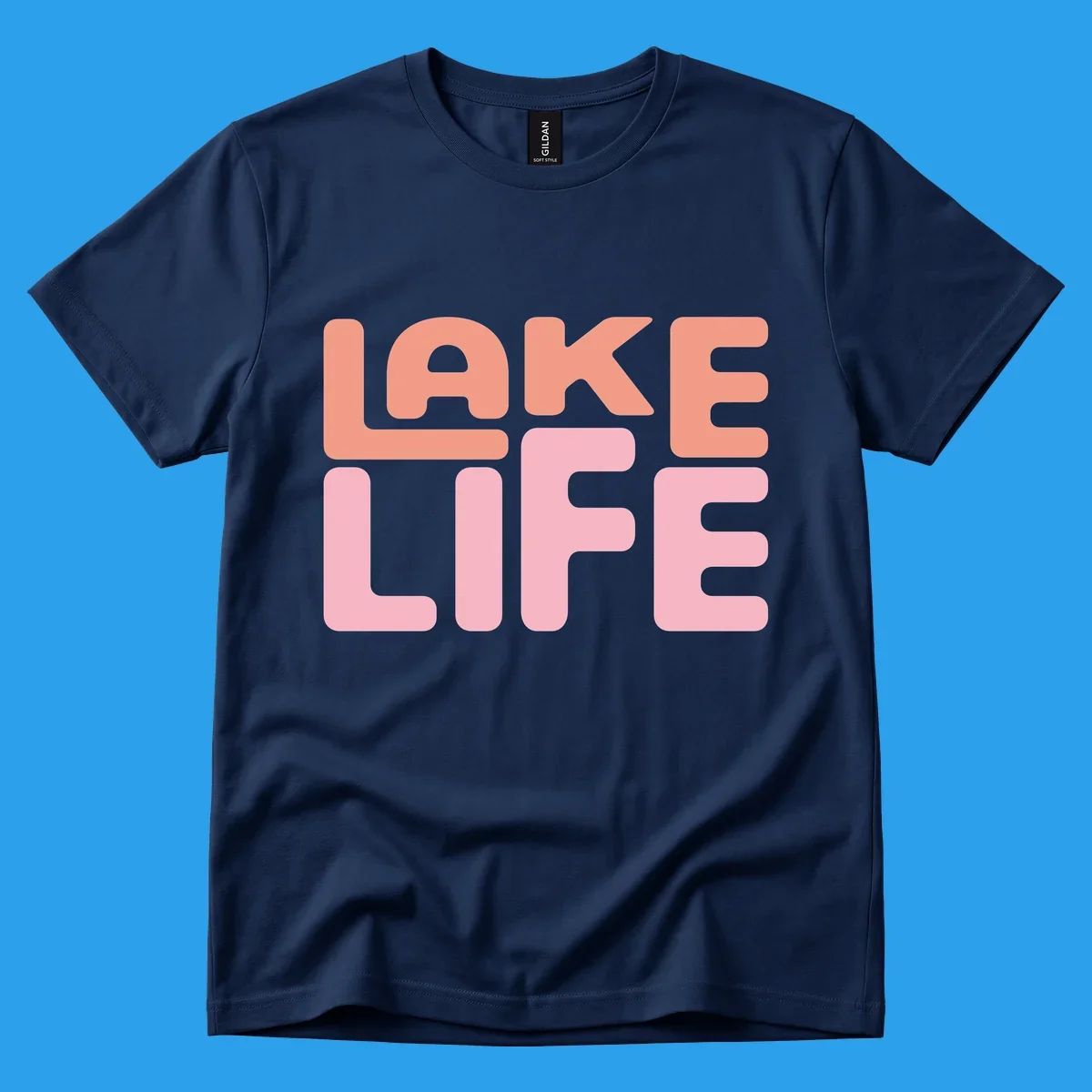 Bold typography design spelling LAKE LIFE in peach and pink.