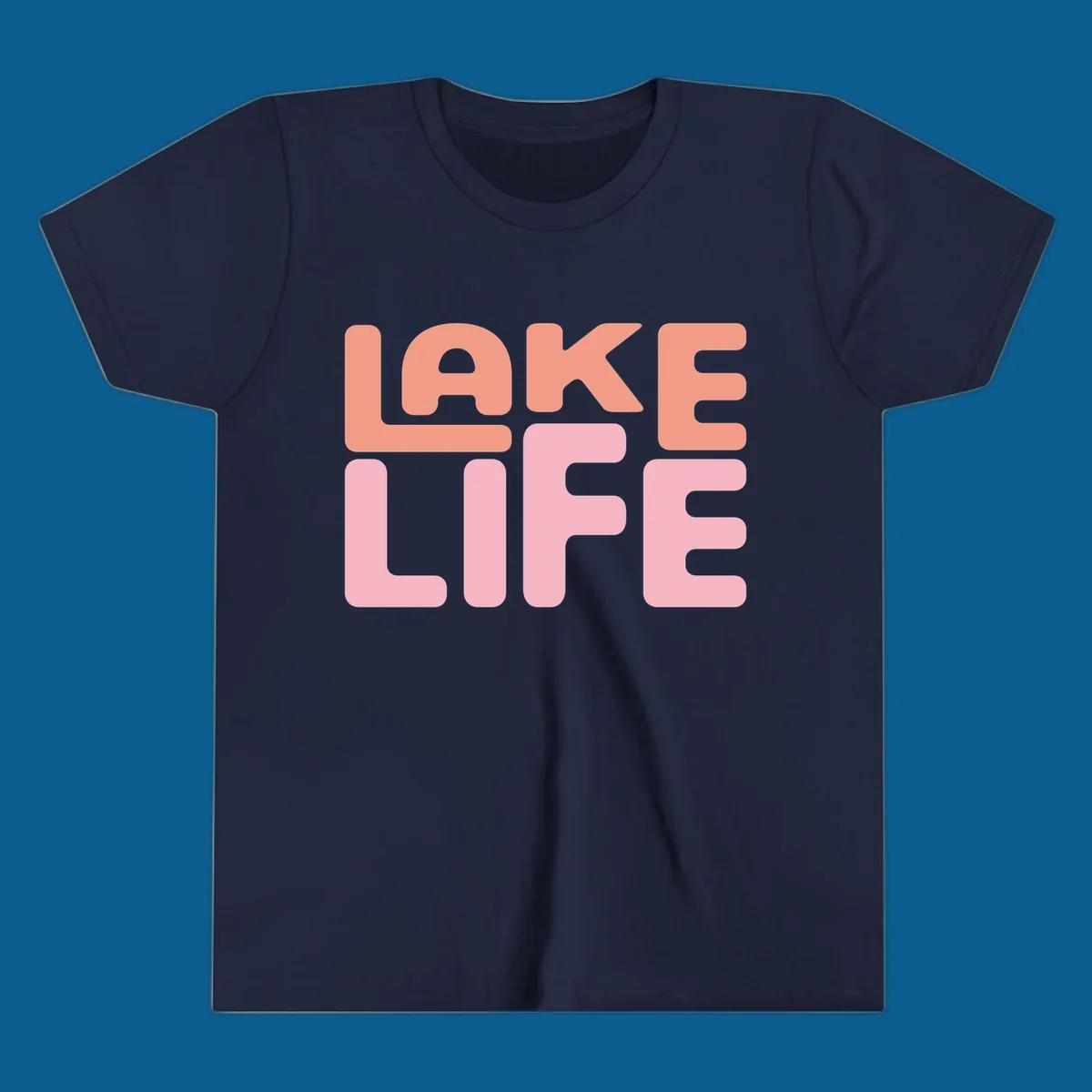 Bold typography design spelling LAKE LIFE in peach and pink.